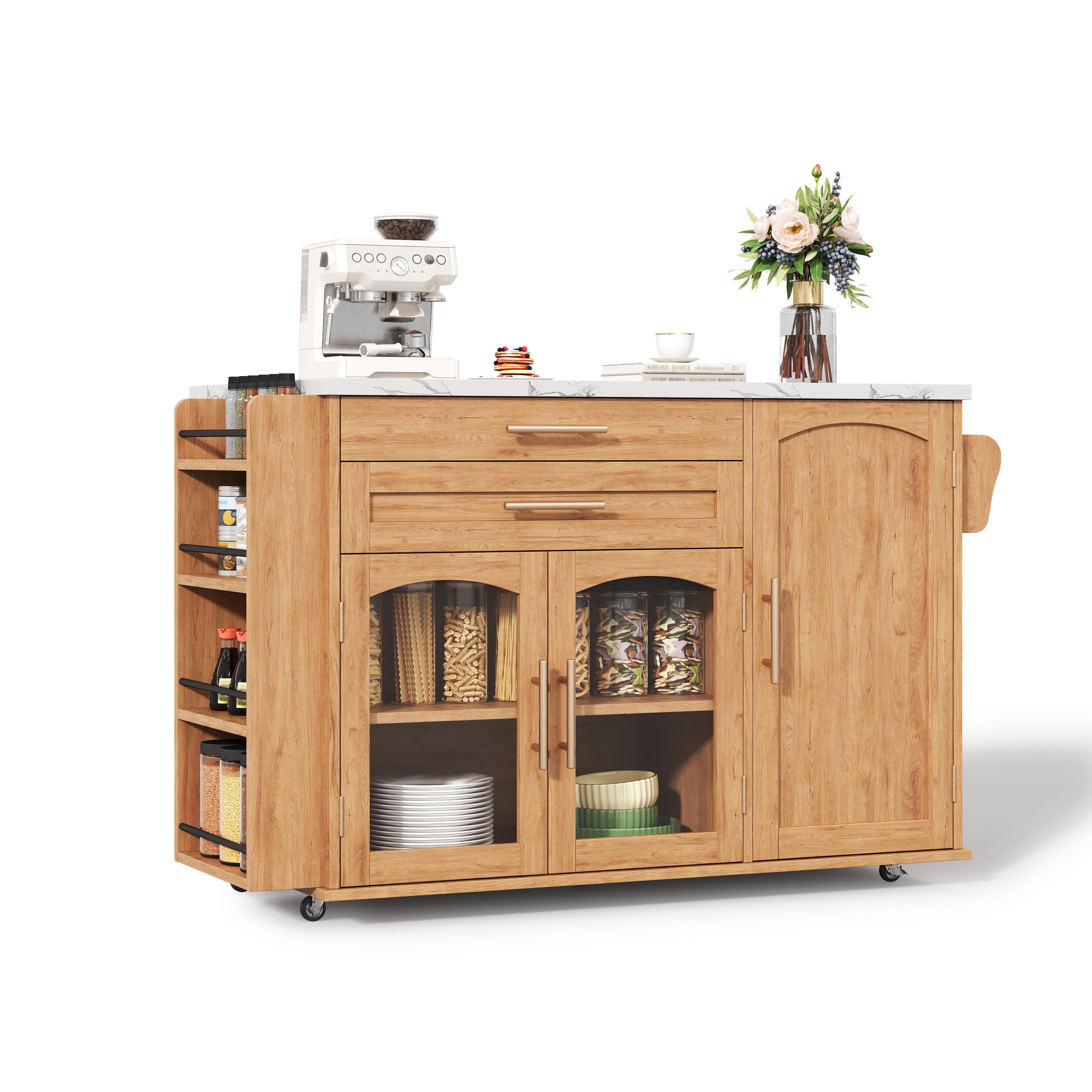 Yorbay Kücheninsel mit klappbarer Arbeitsplatte, Küchenwagen auf 5 Rollen, vielseitige Aufbewahrung, 120x45(70)x90 cm