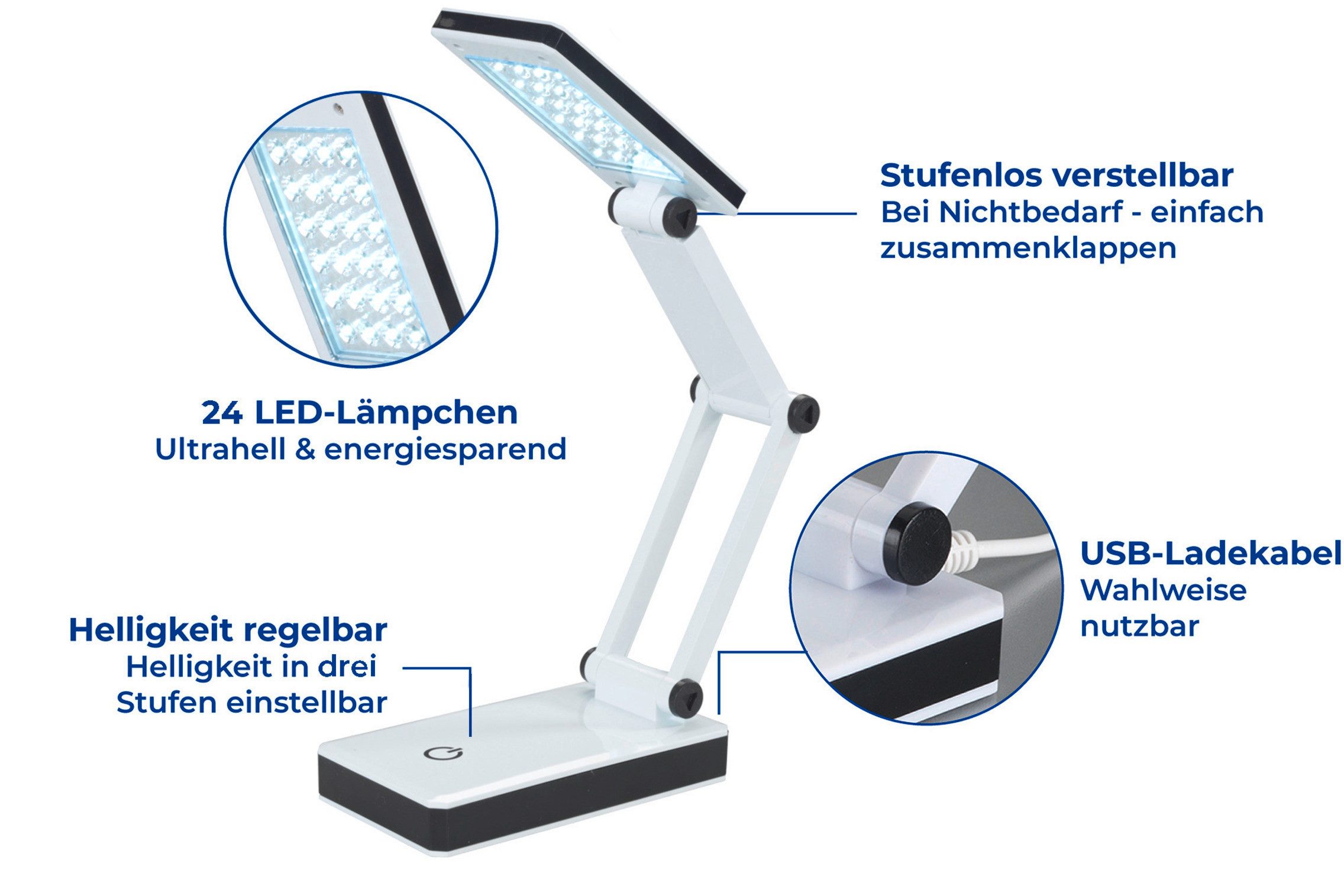 Maximex LED Schreibtischlampe faltbar, mehrere Helligkeitsstufen, LED fest integriert, Neutralweiß, LED Lampe, stufenlos verstellbar, USB-Port oder Batteriebetr – Bild 4 von 5