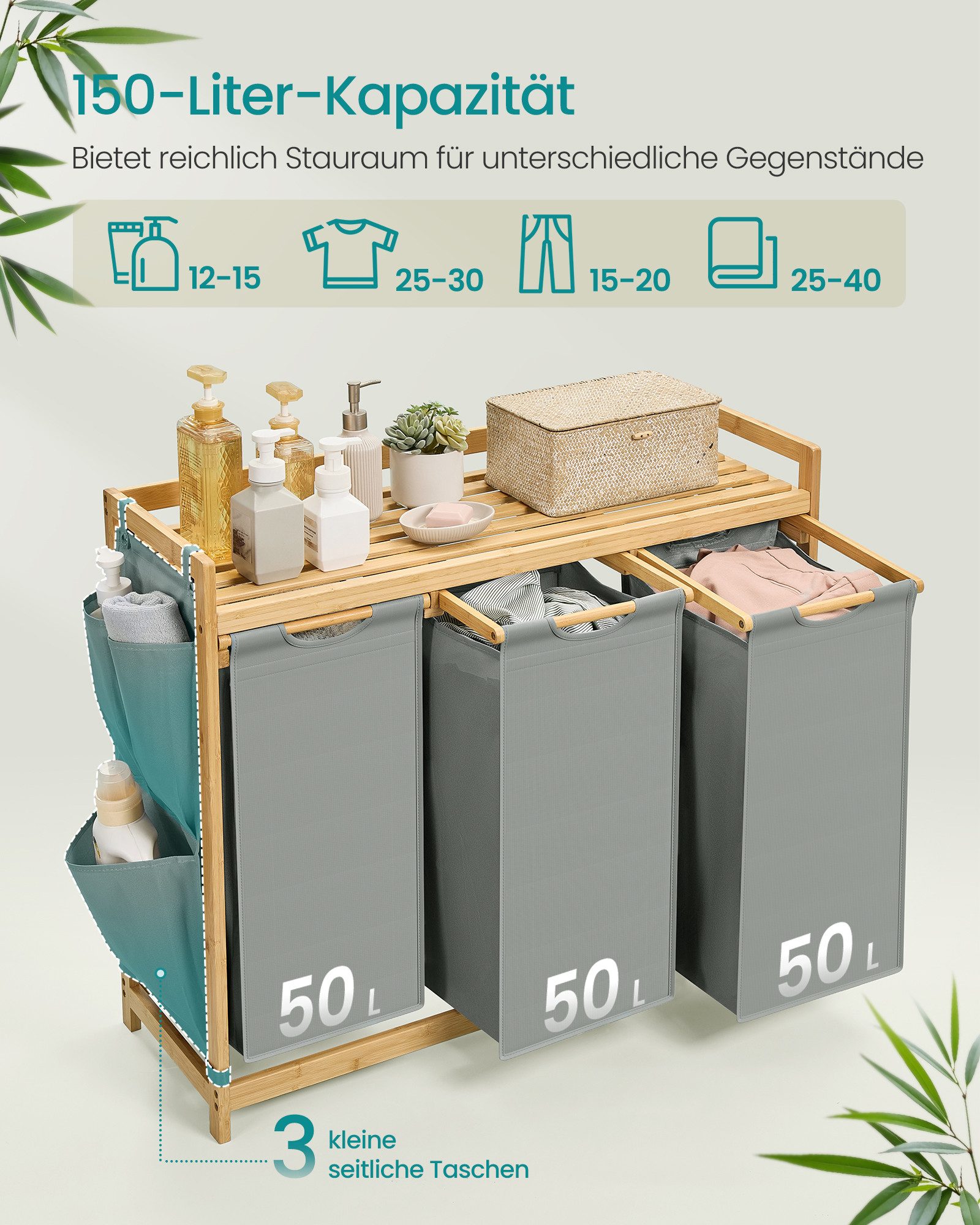 SONGMICS Wäschekorb Wäschesammler, 2 Fächer, Wäschekorb Wäschesammler, 4 Fächer – Bild 3 von 5