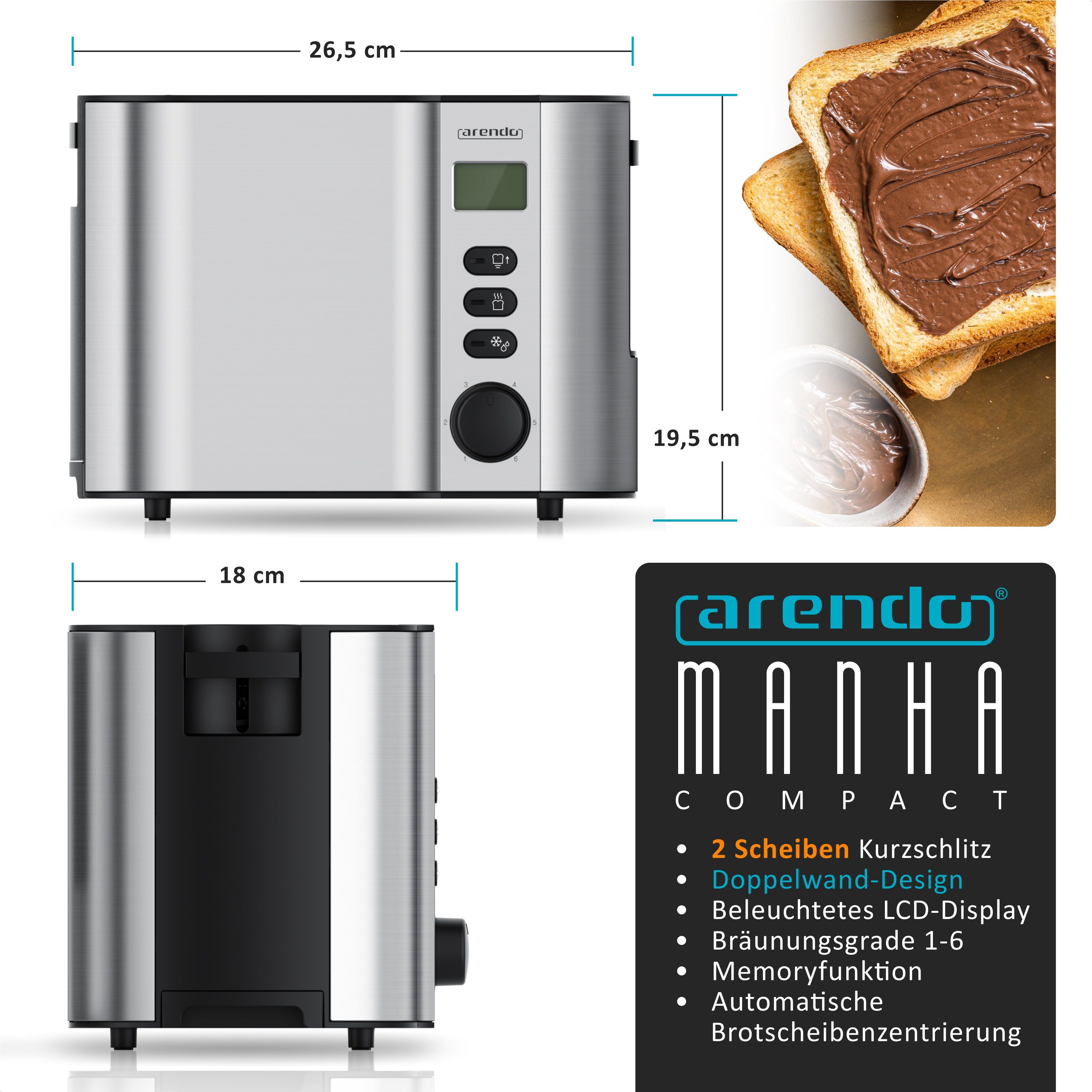 Arendo Toaster Edelstahl, 2 Scheiben Kurz, Kurzschlitz, Display, Restzeitanzeige, 2 kurze Schlitze, für 2 Scheiben, 800 W, Integrierter Brötchenaufsatz, Doppelwandgehäuse Wärmeisoliert