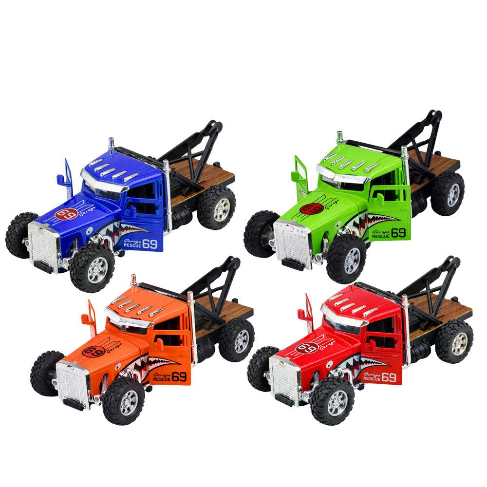 LEAN TOYS Spielzeug-Abschlepper Abschleppwagen Rückziehauto Sammlerfahrzeug, (Spar-Set, 1-tlg., 13,5 x 6,5 x 5 cm robust), Rückziehantrieb, Metallkarosserie, öffnende Türen, 1:32