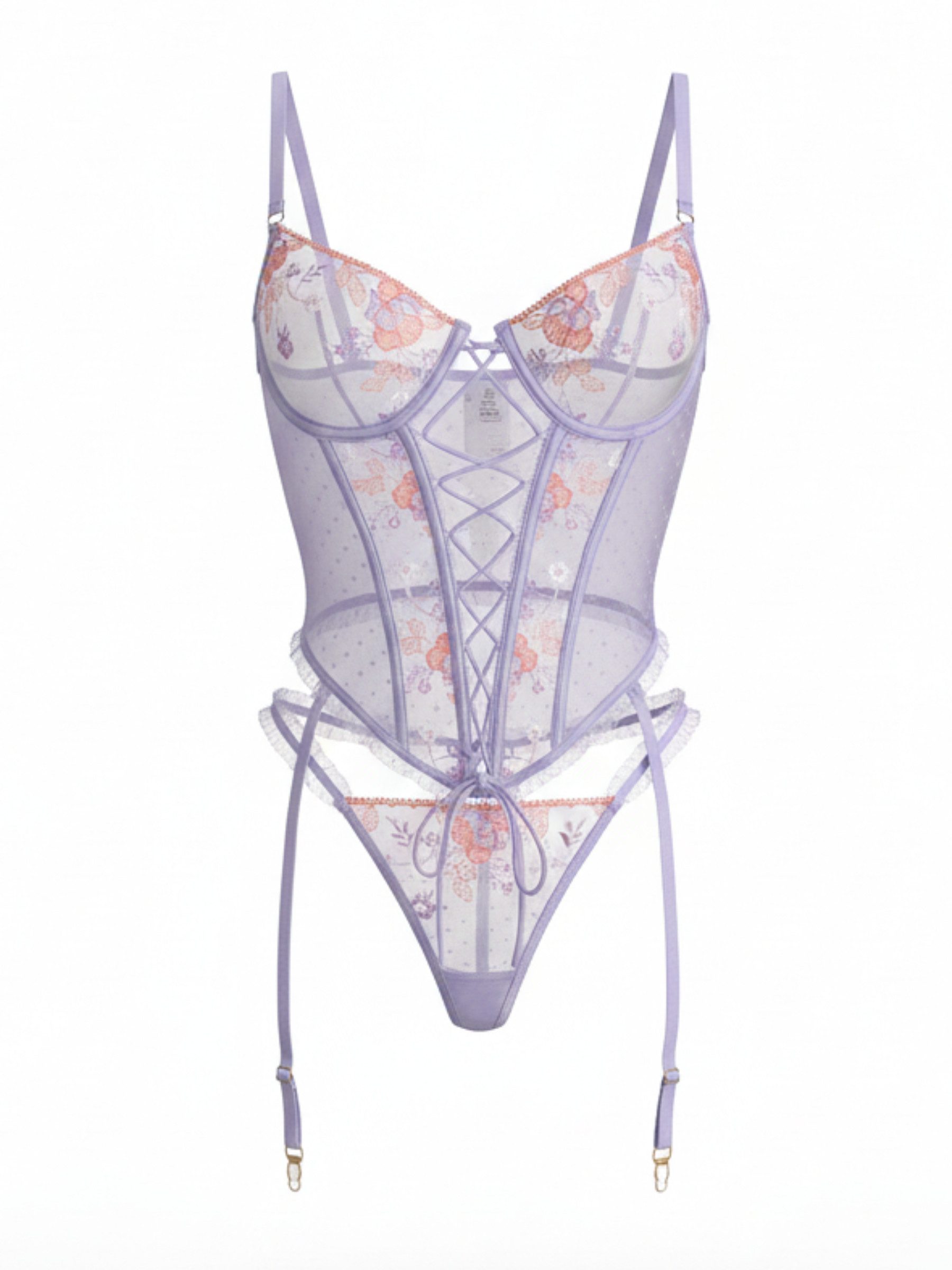 Elegant Love Set: Corsage Spitzen-Dessous-Set mit Stickerei und Schnürung – Lingerie in Lavendel (Set, 2-tlg., Spitzen-Oberteil, String) Florales Korsett-Set – romantische Reizwäsche für besondere Momente