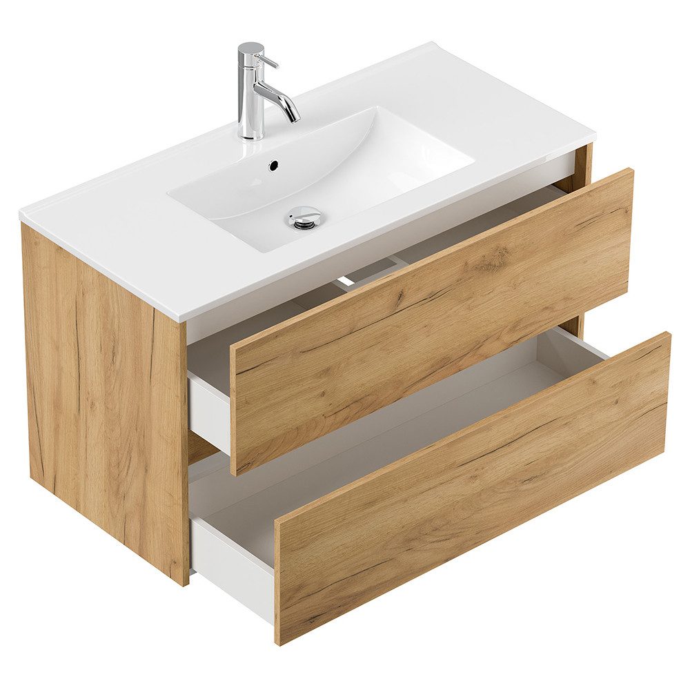 Lomadox Waschtisch LIVIGNO-02, 100cm breit, Keramikwaschbecken, Eiche