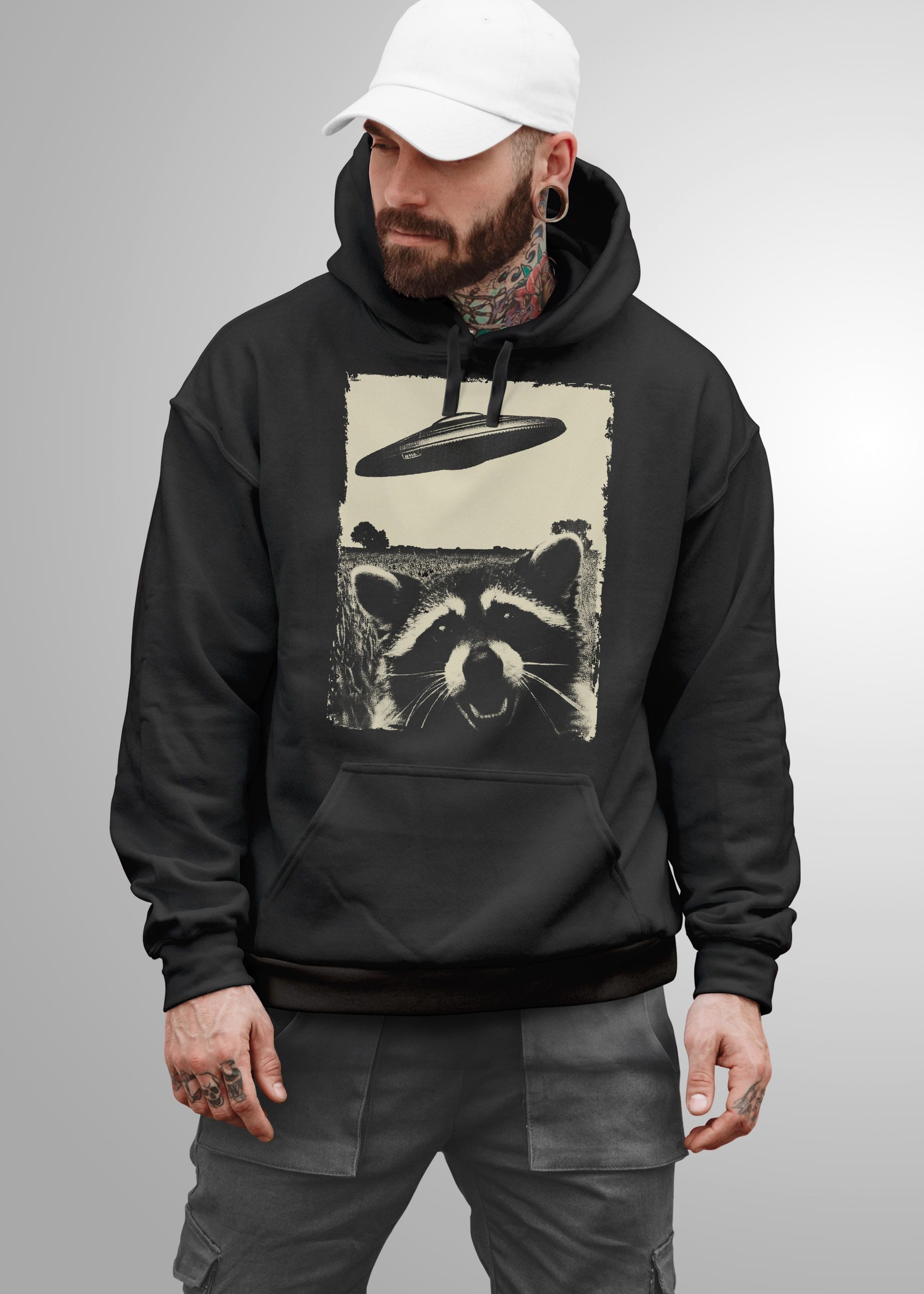Neverless Hoodie Hoodie Herren Print UFO Waschbär Racoon Aliens Fotodruck Kapuzenpulli
