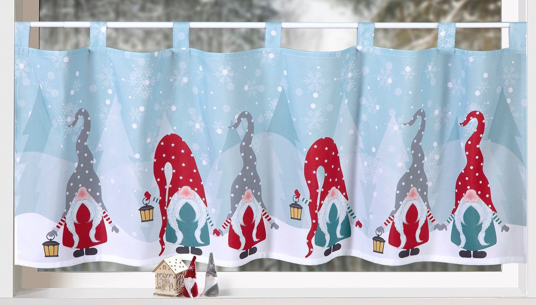 Weckbrodt Scheibengardine Wichtel Winter (1 St), Schlaufen, blickdicht, Microfaser, Bistro, Microsatin, Weihnachten, HxB 45x120cm, Gardine, Store