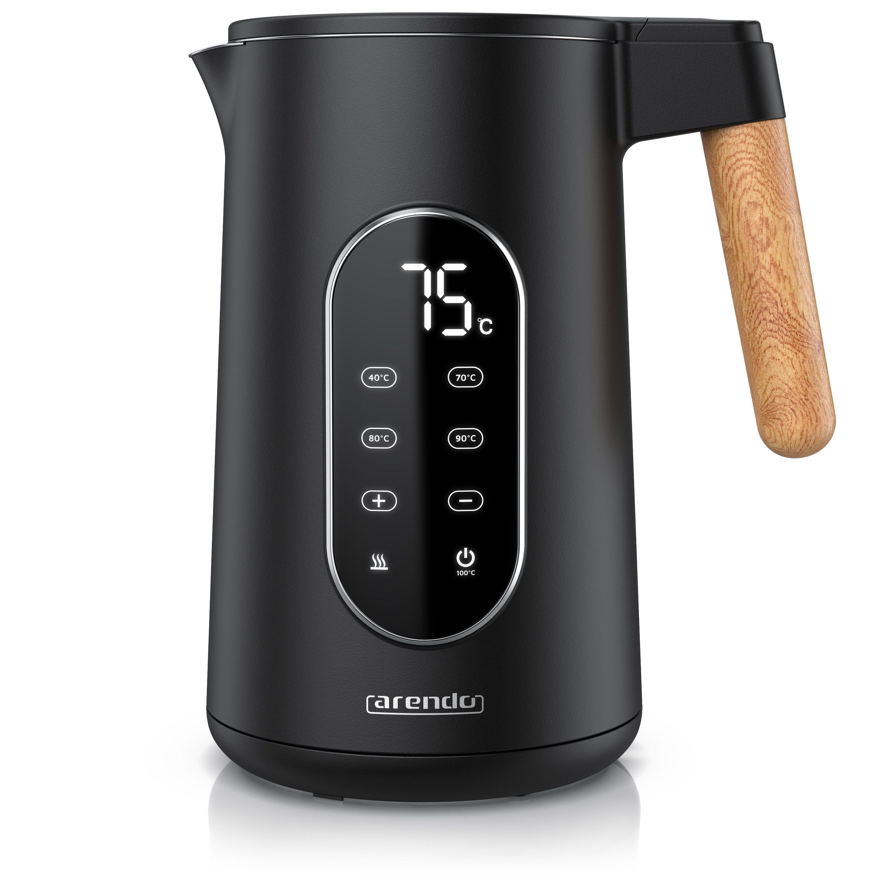 Arendo Wasserkocher Edelstahl, Doppelwand, Temperatureinstellung 40° - 100 °C mit Anzeige, 1,7 l, 2200 W, LED-Display, 5 Direktwahltemperaturen, Holzoptik-Griff, BPA-frei