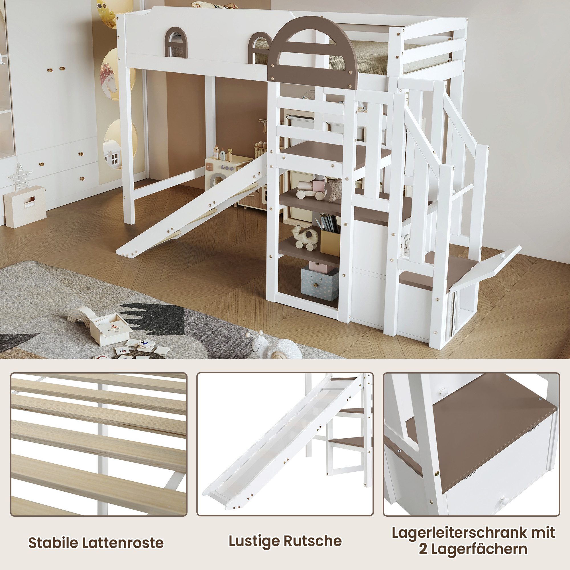 Odikalo Hochbett 90x200 Kinderbett mit Rutsche und Stauraum (Etagenbett, Kinderbett Mit Fenster, Mit Kinderrutsche, Treppen mit Handlauf, Mit 2 Schließfächer in der Treppe, Vielseitiges Design, Reichlich Stauraum, Kiefer+MDF, Weiß+Braun, 90x200cm)
