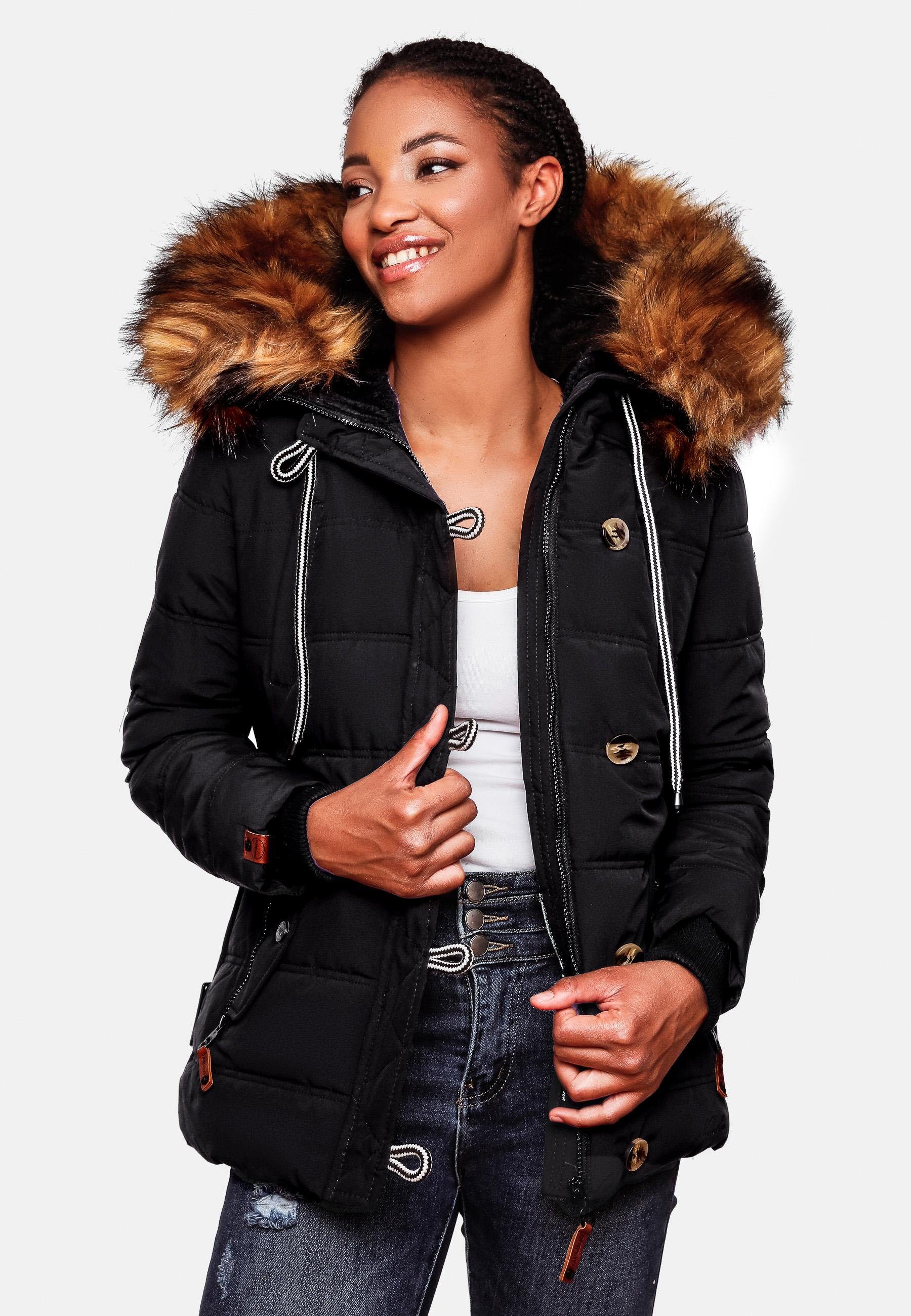 Navahoo Winterjacke Zoja stylische Steppjacke mit schwarz Kunstpelz Kapuze