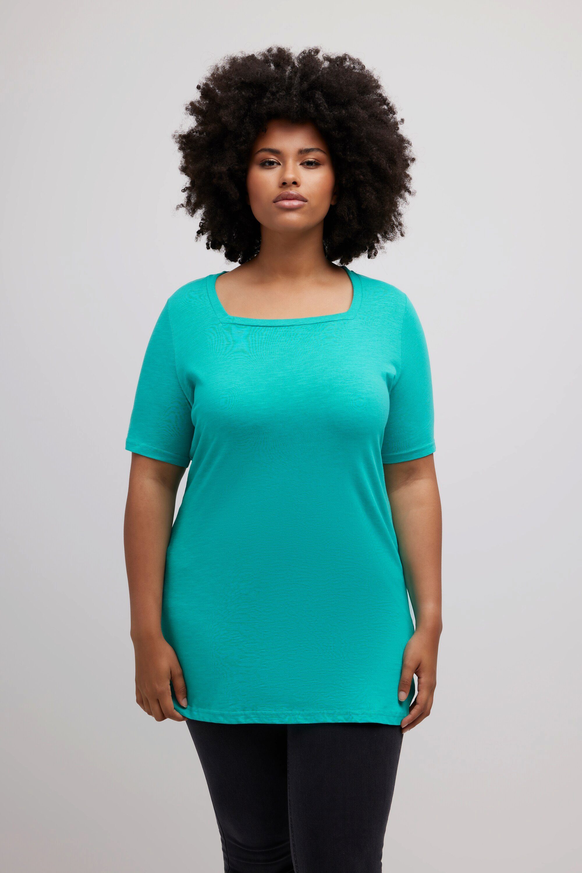 Ulla Popken Rundhalsshirt Longshirt Carree-Ausschnitt Classic Halbarm cyan