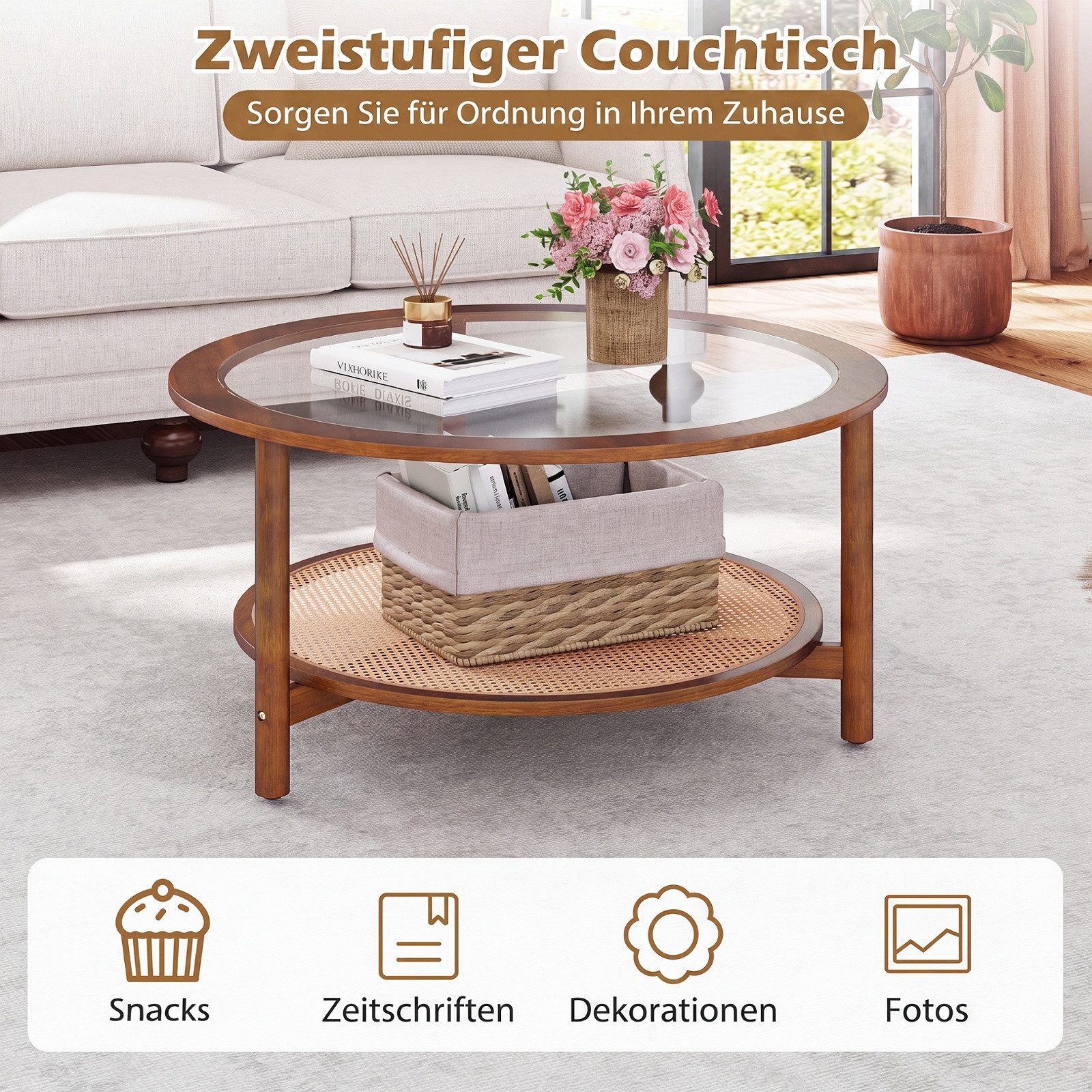 COSTWAY Couchtisch runder Beistelltisch mit Glasplatte & Ablage, 90cm Gummibaumholz – Bild 2 von 5
