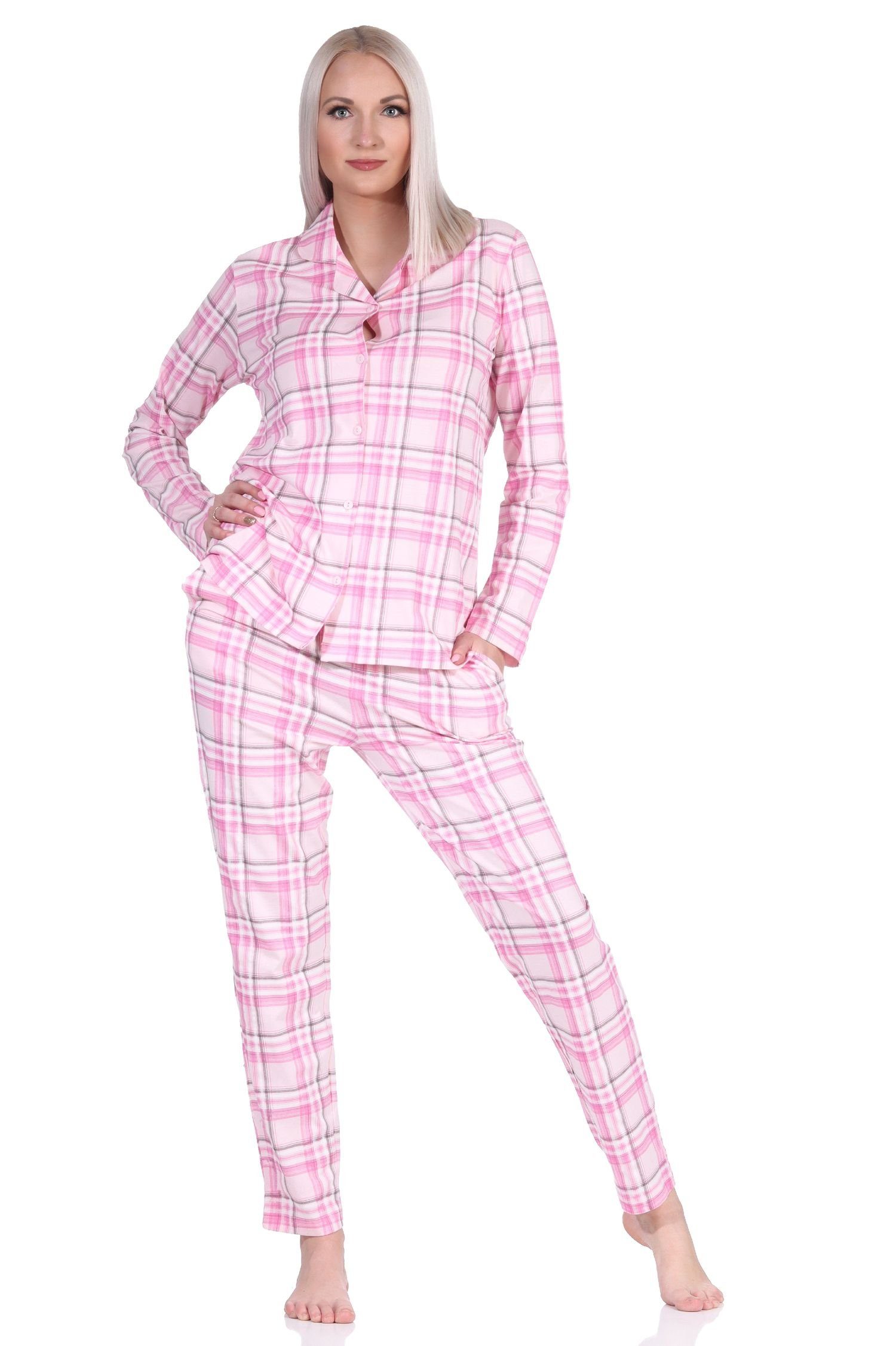 Normann Pyjama Damen Pyjama aus Single Jersey zum durchknöpfen in Karo Optik rosa