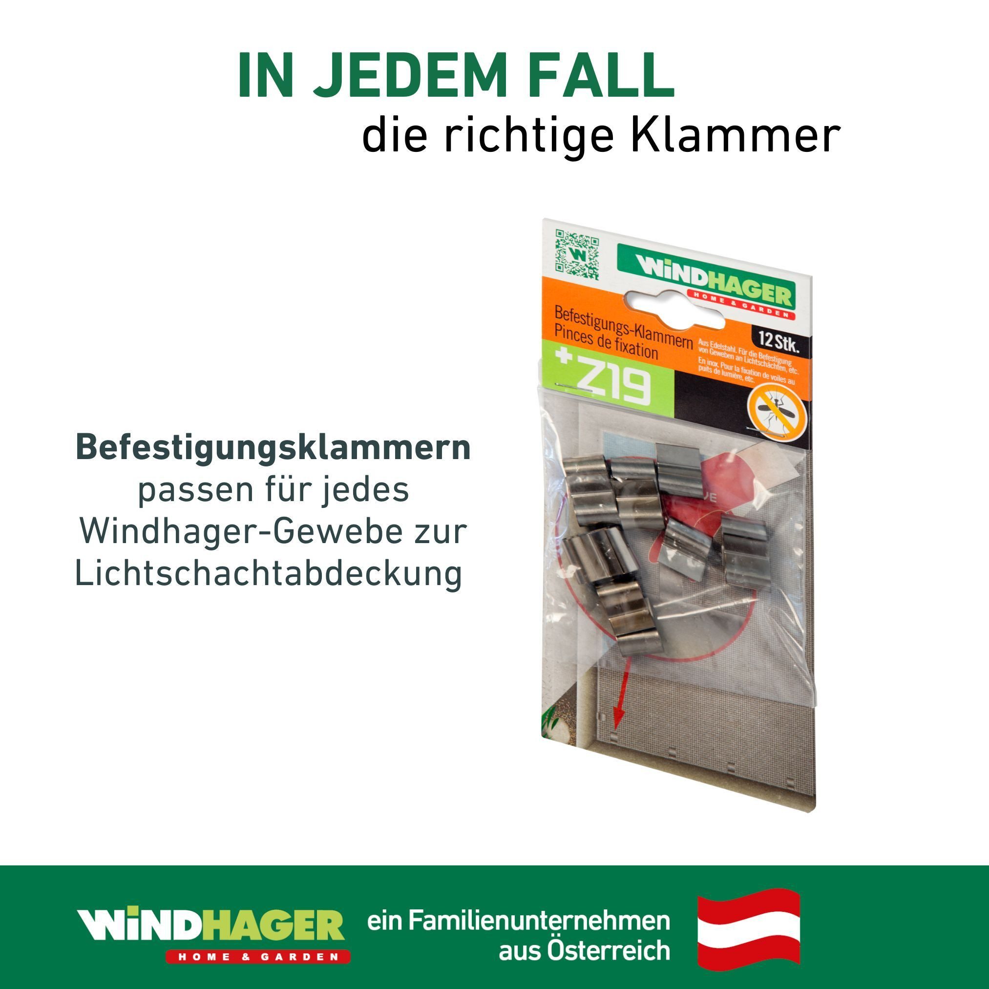 Windhager Lichtschachtabdeckung Edelstahl Befestigungsklammern 12 Stk., (Packung, 12-St), wiederverwendbar und geeignet für alle Windhager- Gewebearten