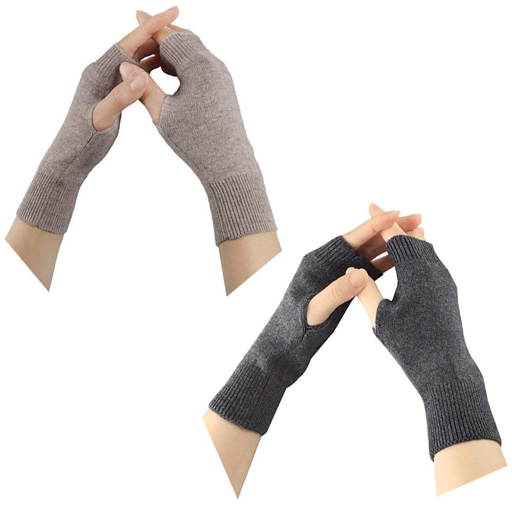 zggzerg Strickhandschuhe 2 Paar Halb Fingerlose Handschuhe, Damen Winter Pulswärmer Handschuhe Kamel + Dunkelgrau