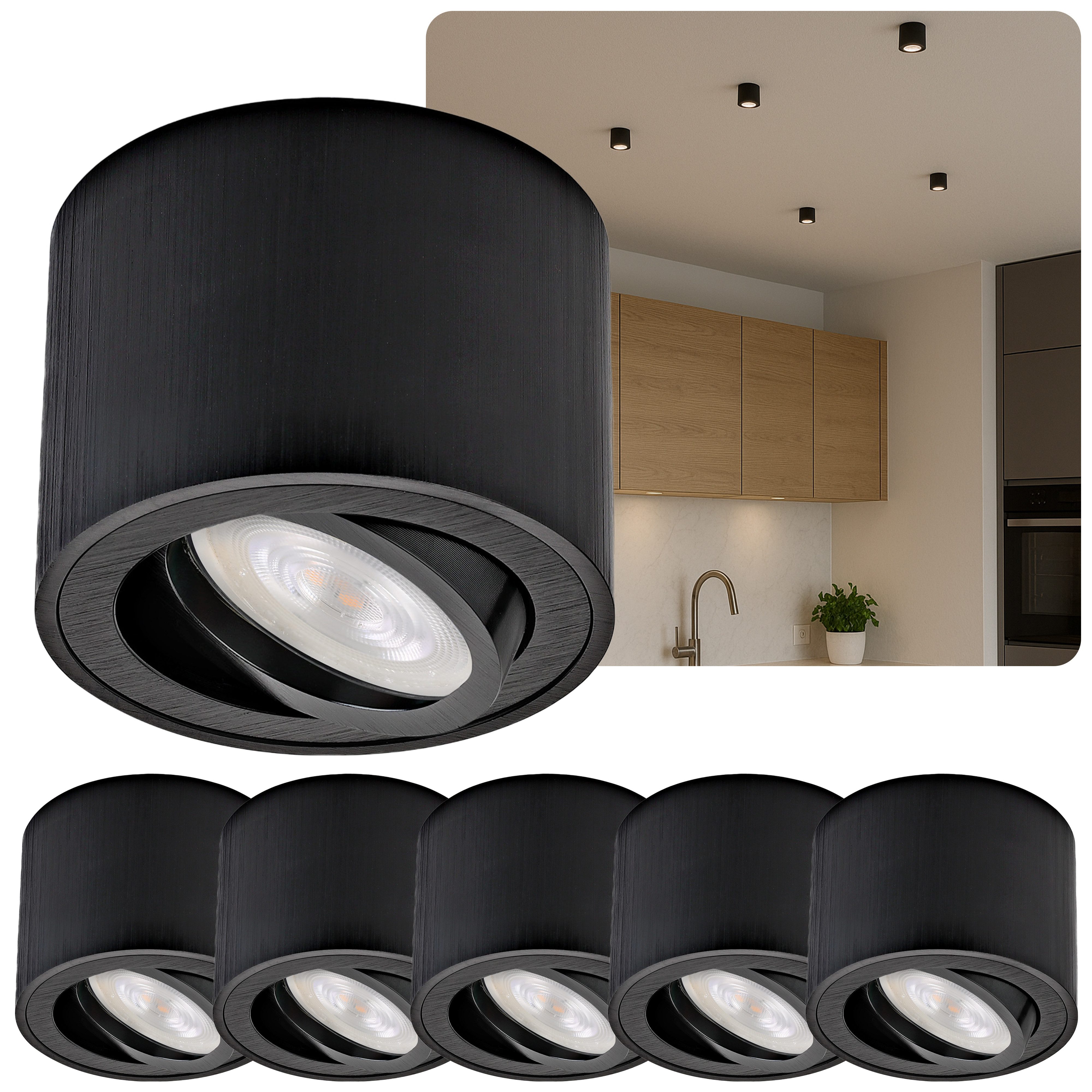 Sweet LED LED Aufbaustrahler 6er Set flache LED Aufbauspots - rund & schwenkbar, 5 W, 230V, LED wechselbar, Warmweiß, LED Deckenlampe, Deckenspot, Deckenstrahler