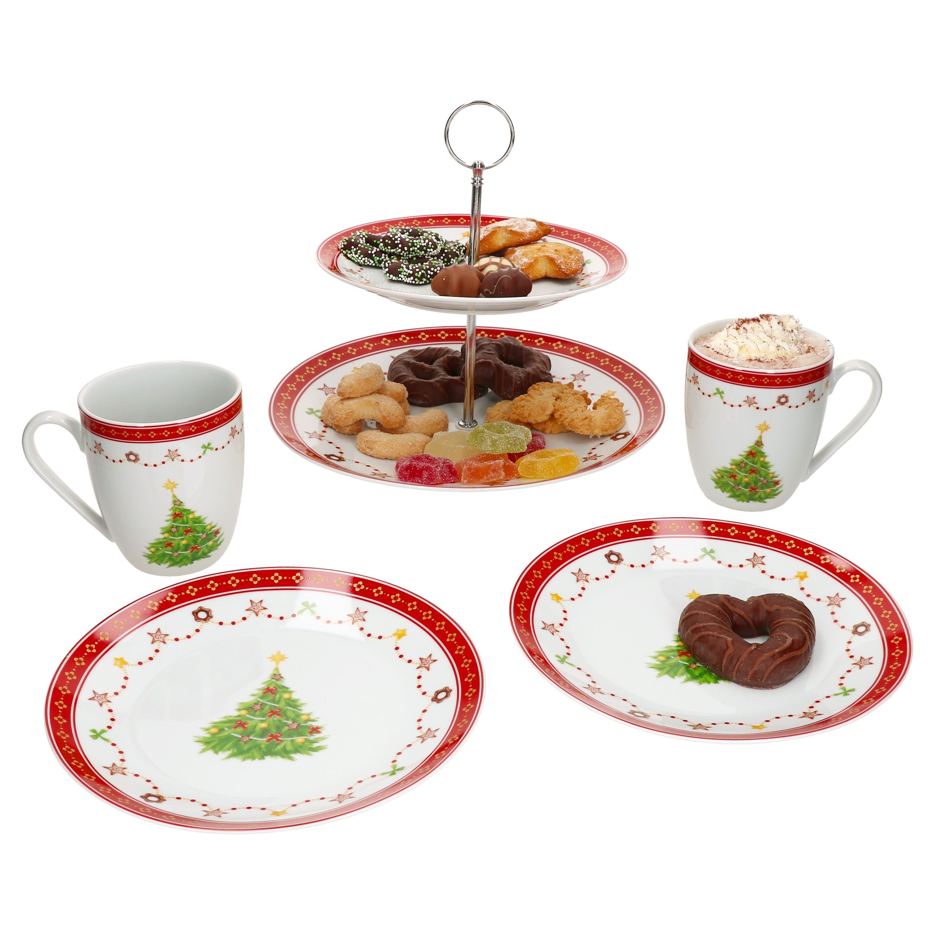 MamboCat Etagere 5tlg Weihnachtstraum Frühstücks-Set Etagere Kaffeebecher, Porzellan