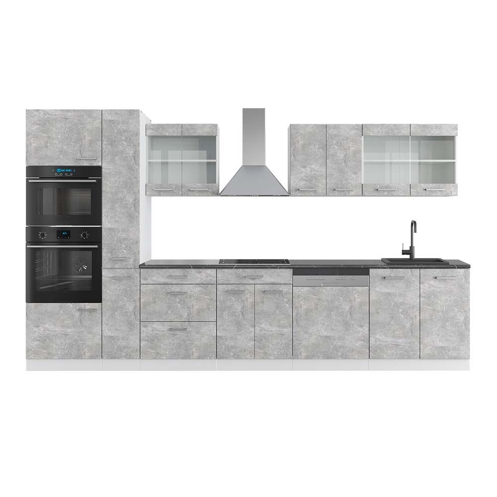 Vicco Küchenzeile R-Line, Beton/Weiß, 350 cm mit Hochschrank, AP Anthrazit