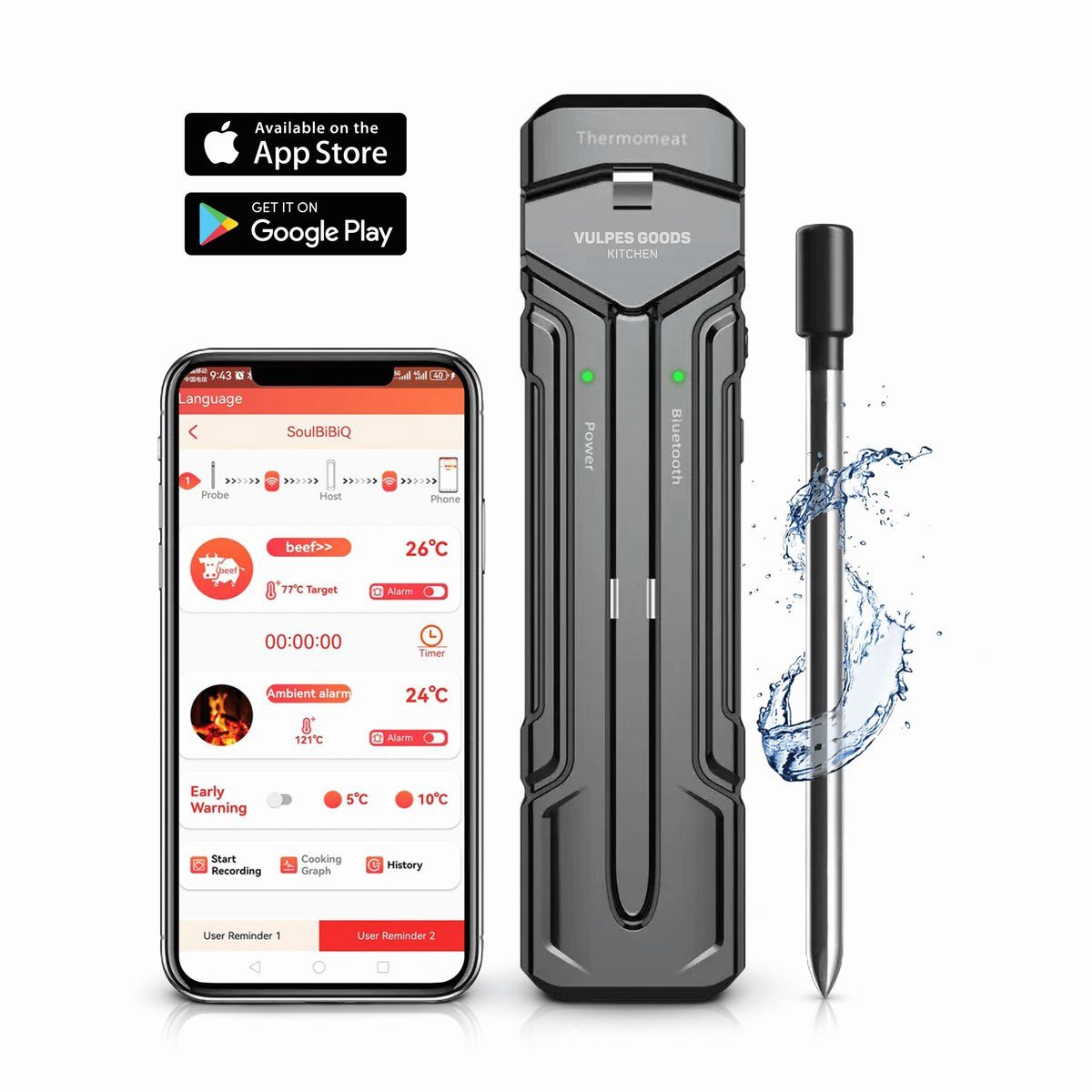 Vulpes Goods Grillthermometer Kitchen ELITE, mit Ladehalterung und USB-C-Kabel, kabellos mit App-Temperaturkontrolle