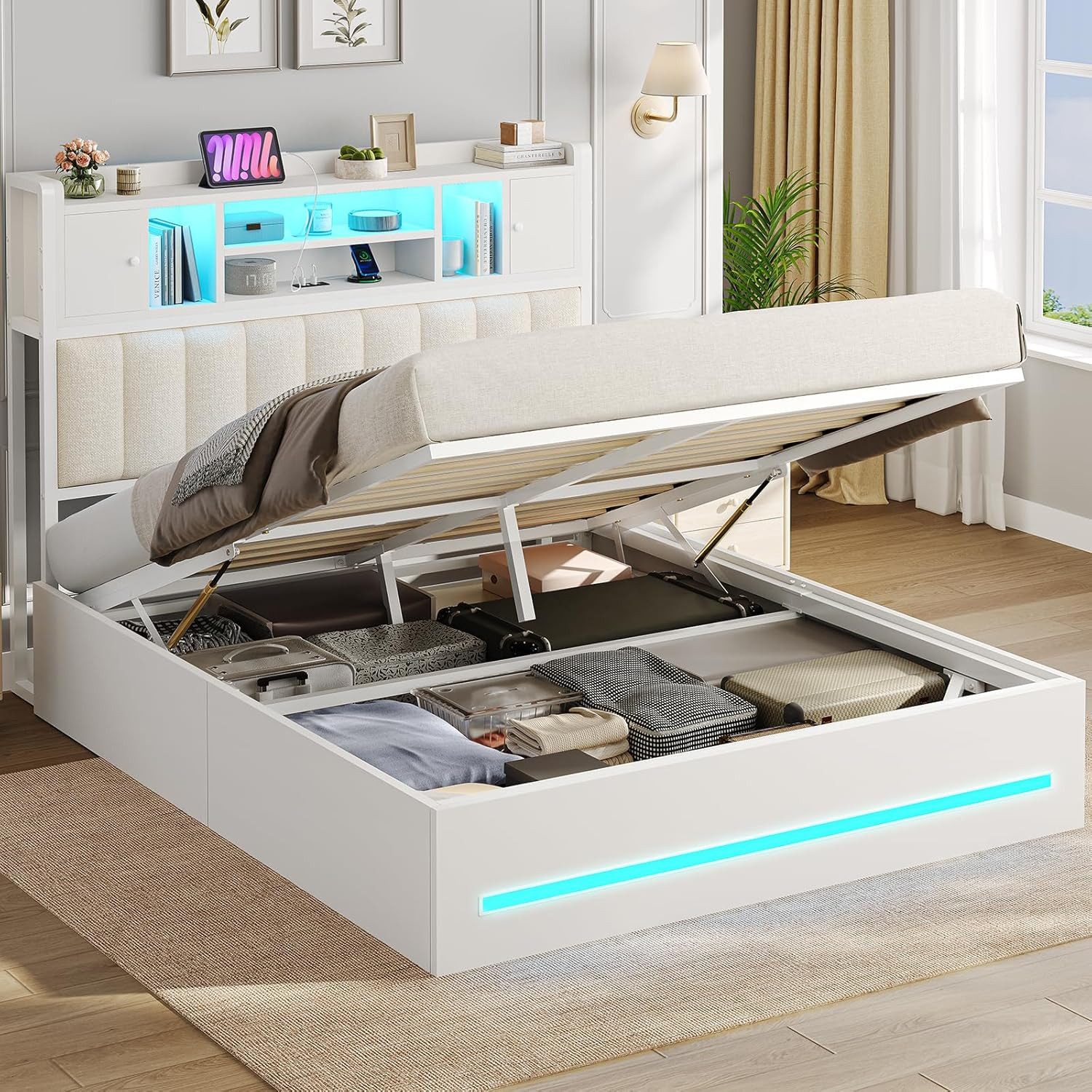 MSMASK Stauraumbett mit hydraulischem Unterbettstauraum und Stauraum-Kopfteil (Ohne Matratze), Jugendbett Doppelbett mit LED & Ladestation, …