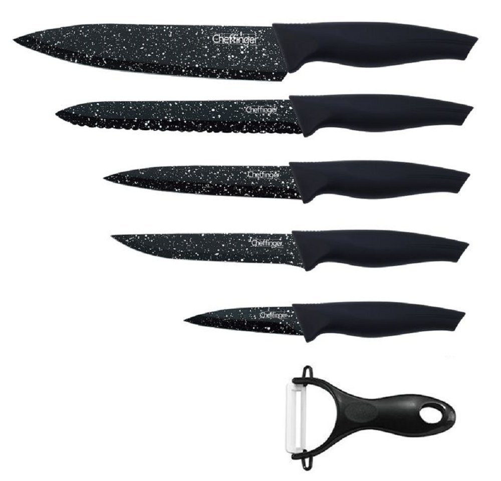 Cheffinger Messer-Set 6 teiliges Messerset 5 Messer 1 Sparschäler Kochmesser Schwarz (6-tlg)