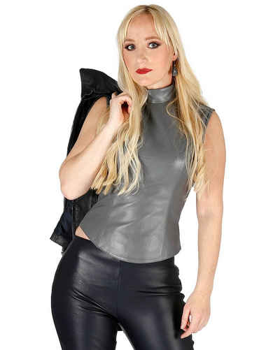 Fetish-Design Shirttop Ledertop Lea Grau kleiner Stehkragen Ärmellos Shirt Blazertop aus echtem Lamm Nappa Leder Ärmellos