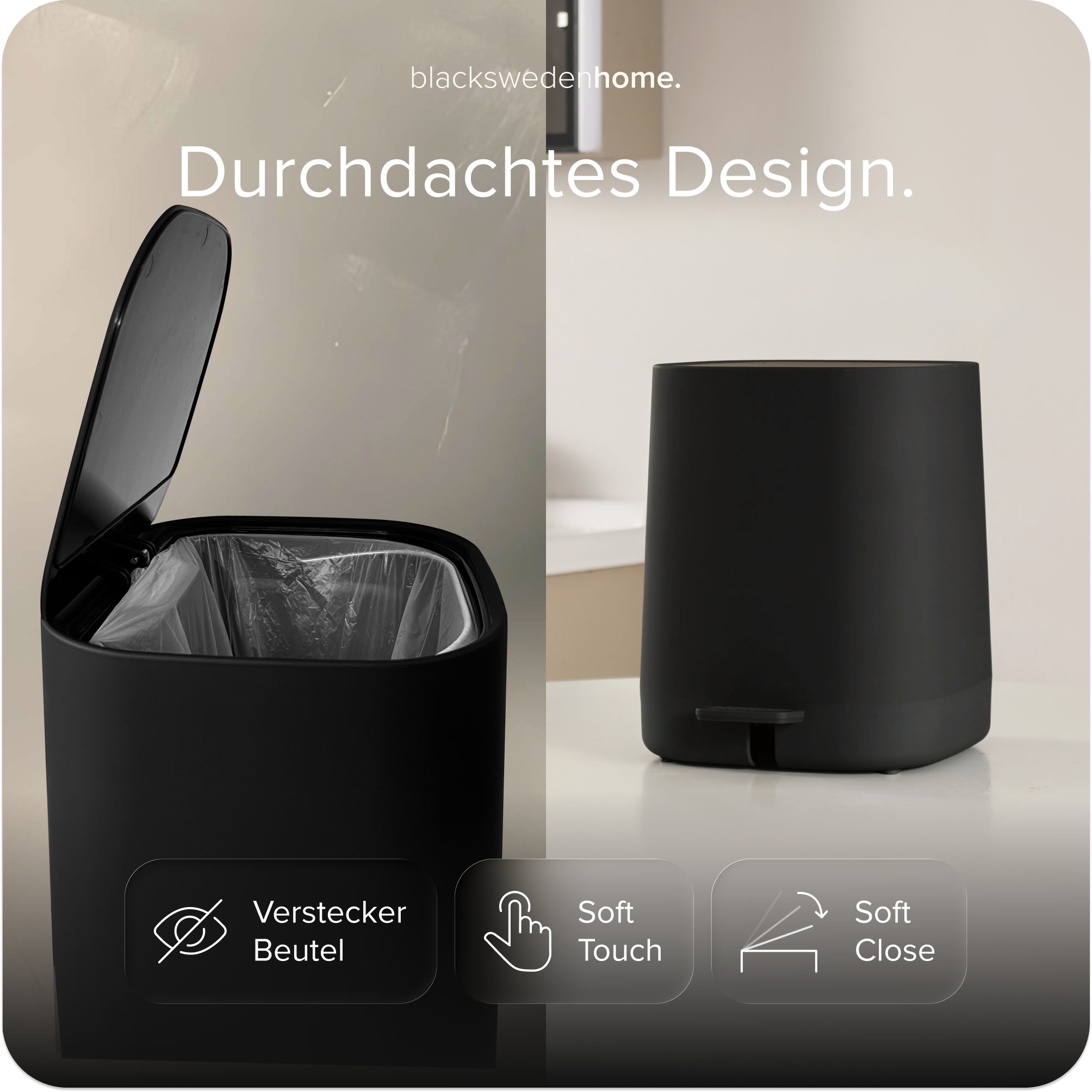 blackswedenhome. Mülleimer Bad Mülleimer - 5L mit Softclose-Deckel und Soft Touch Oberfläche, Soft Close Deckel, Soft Touch Oberfläche