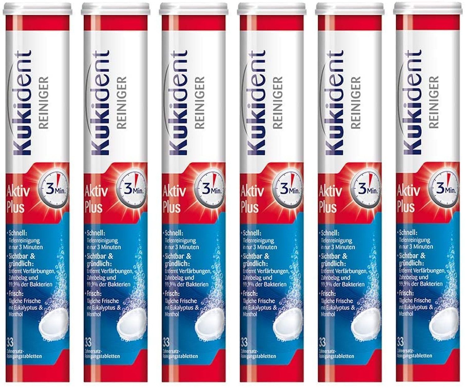 Kukident Aktiv Plus (6 x 33 St) Reinigungstabletten (Spar-Pack, [198-St. für Zahnersätze - Entfernt 99,9% der Bakterien)