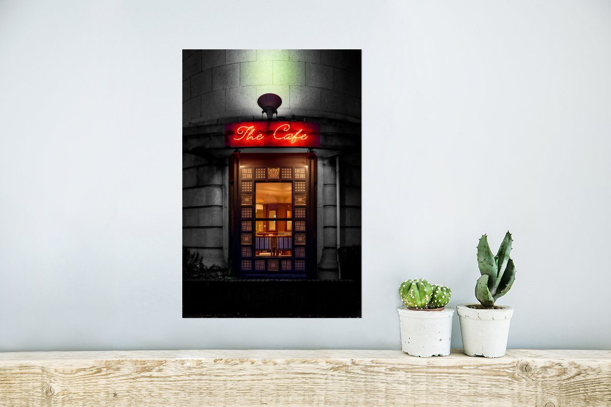 MuchoWow Poster Tür - Cafe Neonlicht, Wohnzimmer, Poster, (1 Wandposter - St), für Architektur Rahmen Rot - Wandbild, - Ohne