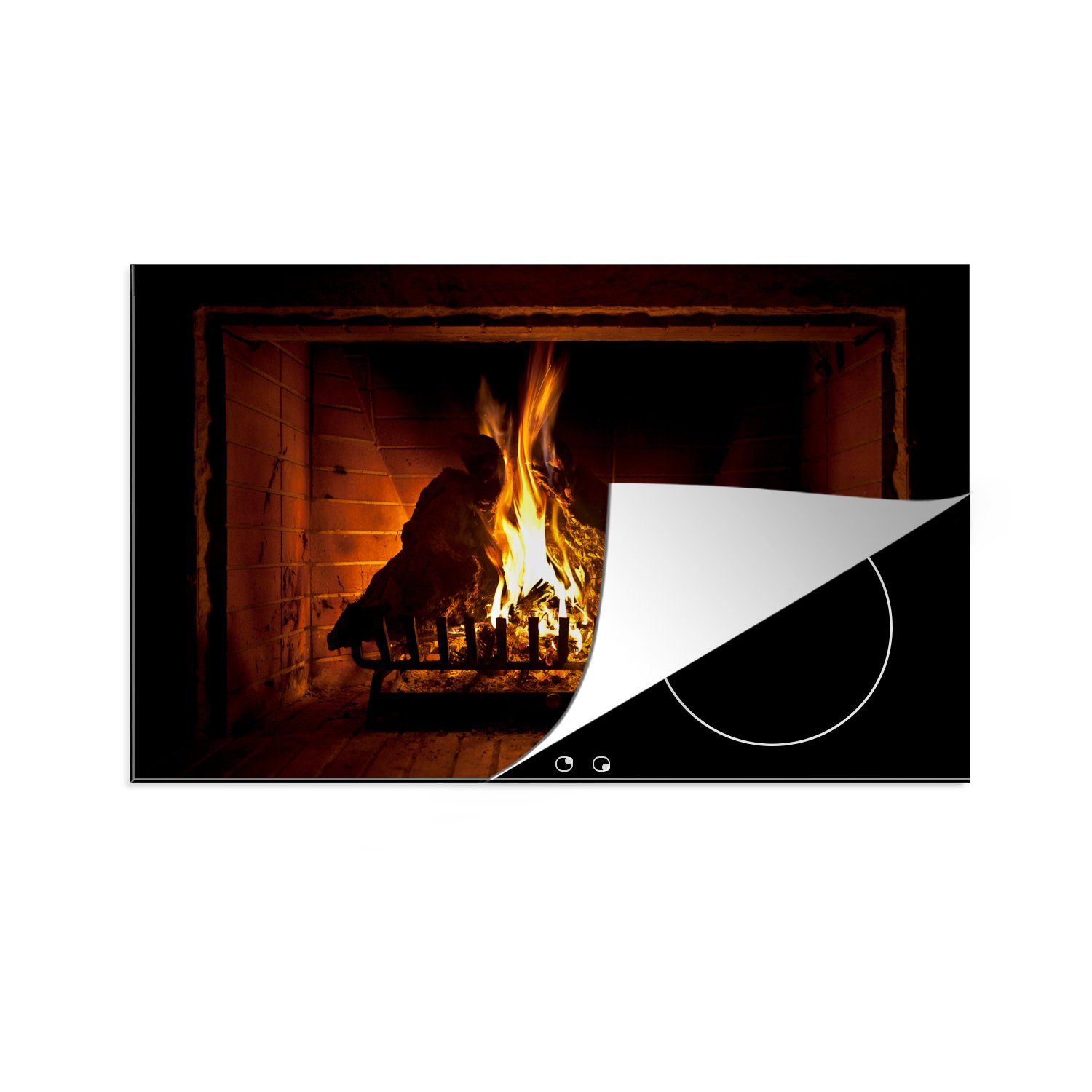 MuchoWow Herdblende-/Abdeckplatte Kamin mit hohen Flammen, Vinyl, (1 tlg), 81x52 cm, Induktionskochfeld Schutz für die küche, Ceranfeldabdeckung
