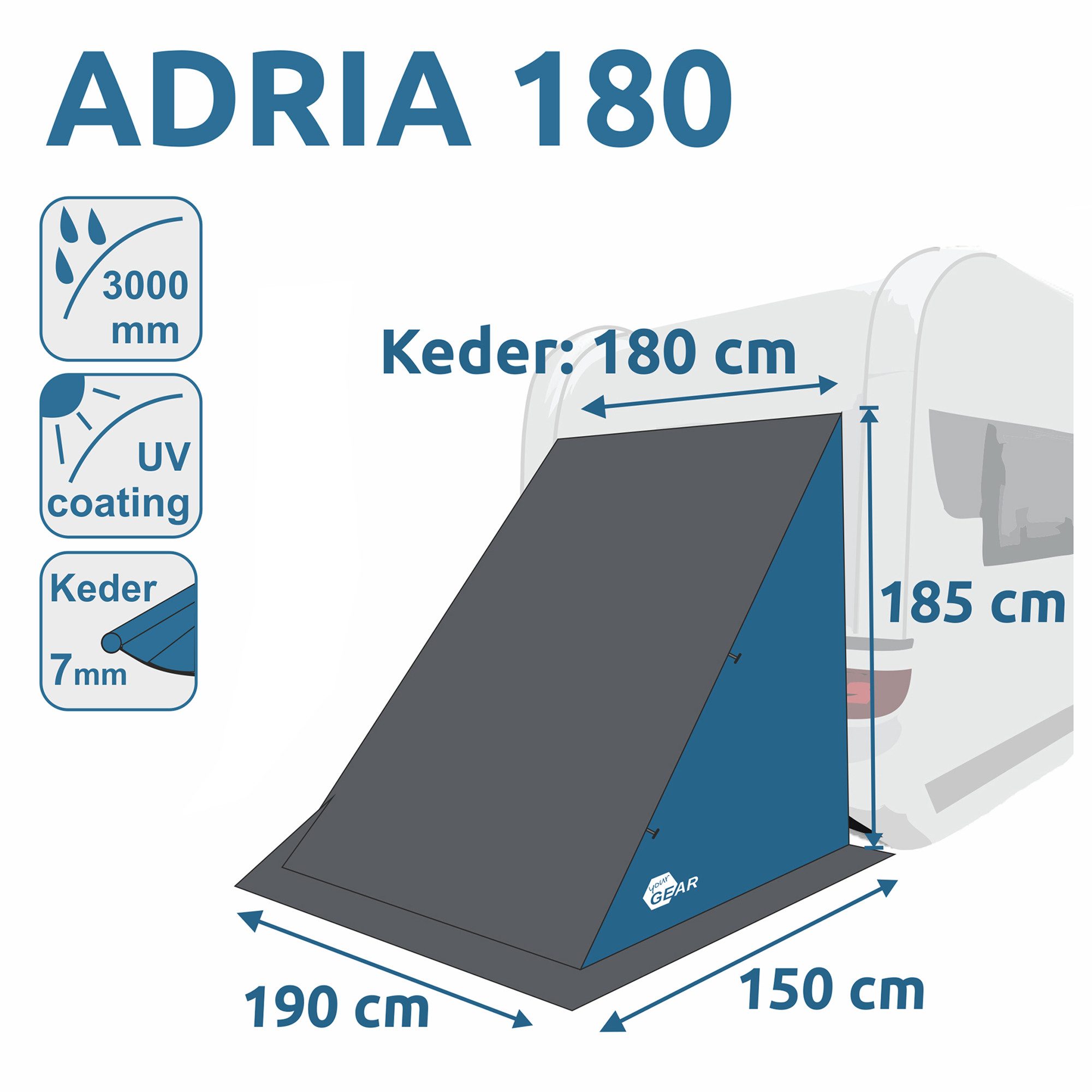 yourGEAR Vorzelt your GEAR Adria 180 Caravan Heckzelt, Geräte / Lagerzelt für Wohnwagen, Personen: 0