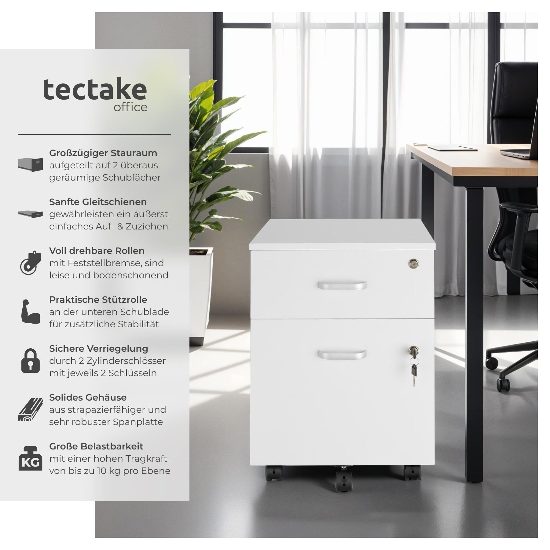 tectake Rollcontainer Rollschrank Vagur, 2 abschließbare Schubladen, mit 2 Schubladen für Dokumente im A4 Format