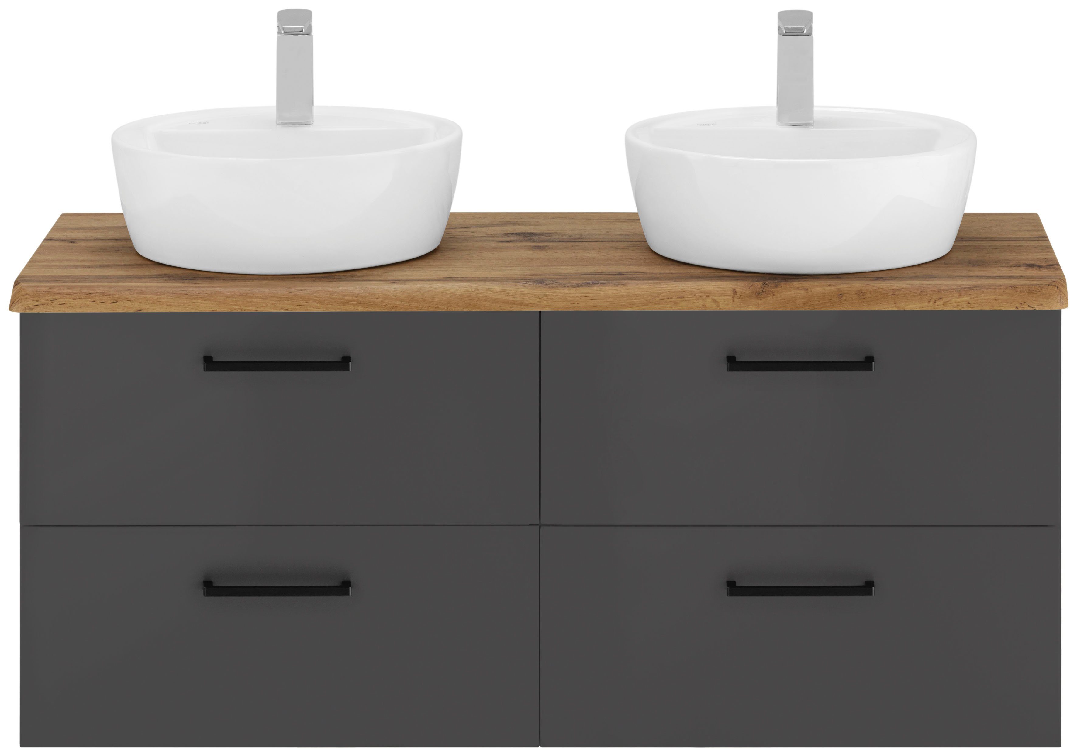 welltime Doppelwaschtisch Trento, Waschplatz, Waschtisch, 120 cm breit, viel Stauraum, 2 runde Keramik-Aufsatzbecken