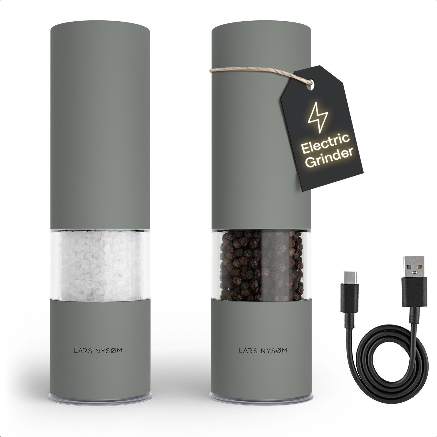 LARS NYSØM Gewürzmühle Stød praktische Einhandbedienung per Drucktaste, (2 Stück), elektrische Salz- & Pfeffermühle mit eingebautem LED-Licht