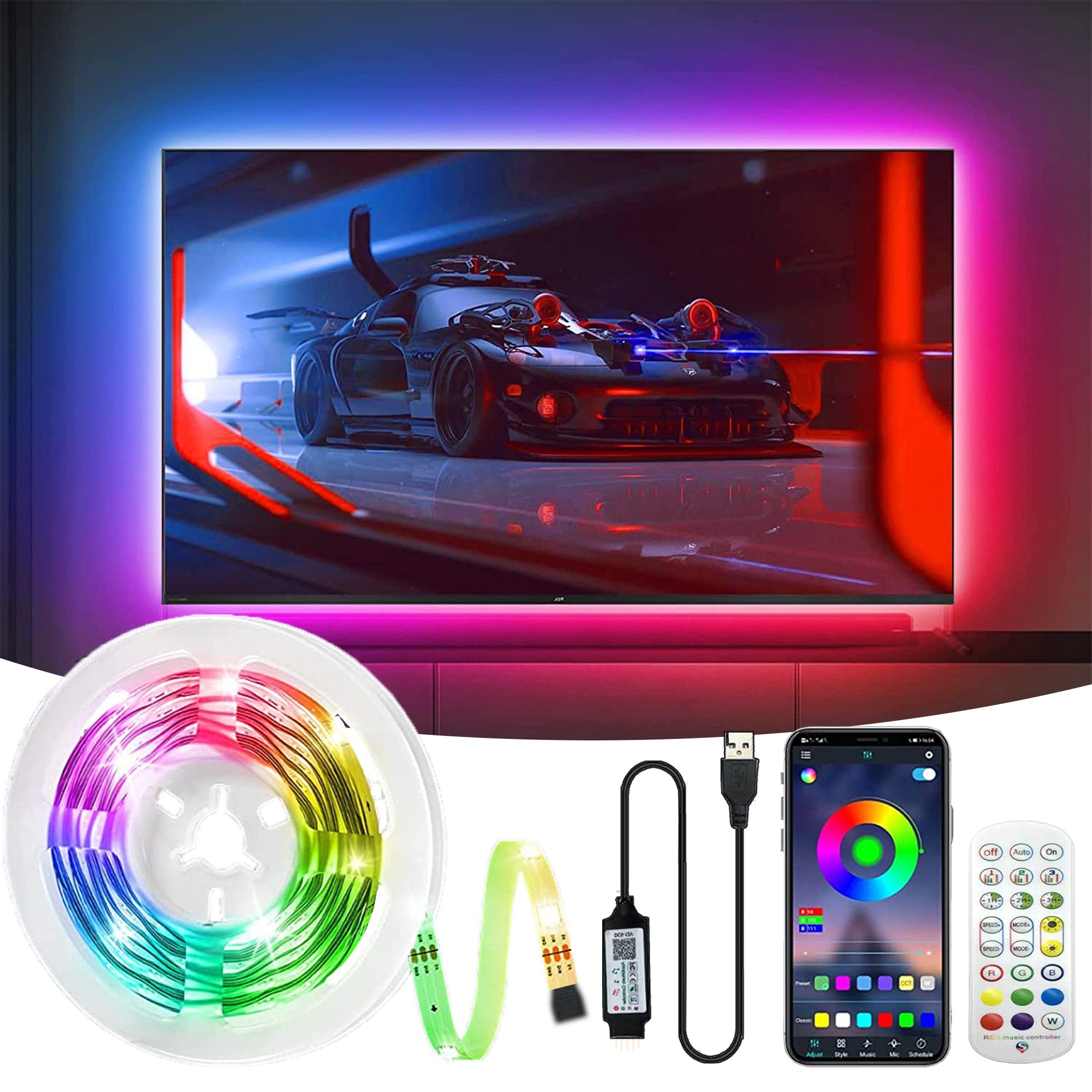 LANOR LED-Streifen TV-Hintergrundbeleuchtung, LED-Licht, Bluetooth APP, Mit Fernbedienung, Sound/Musik-Modus, IP65 tropfwassergeschützt, 3M wasserdicht