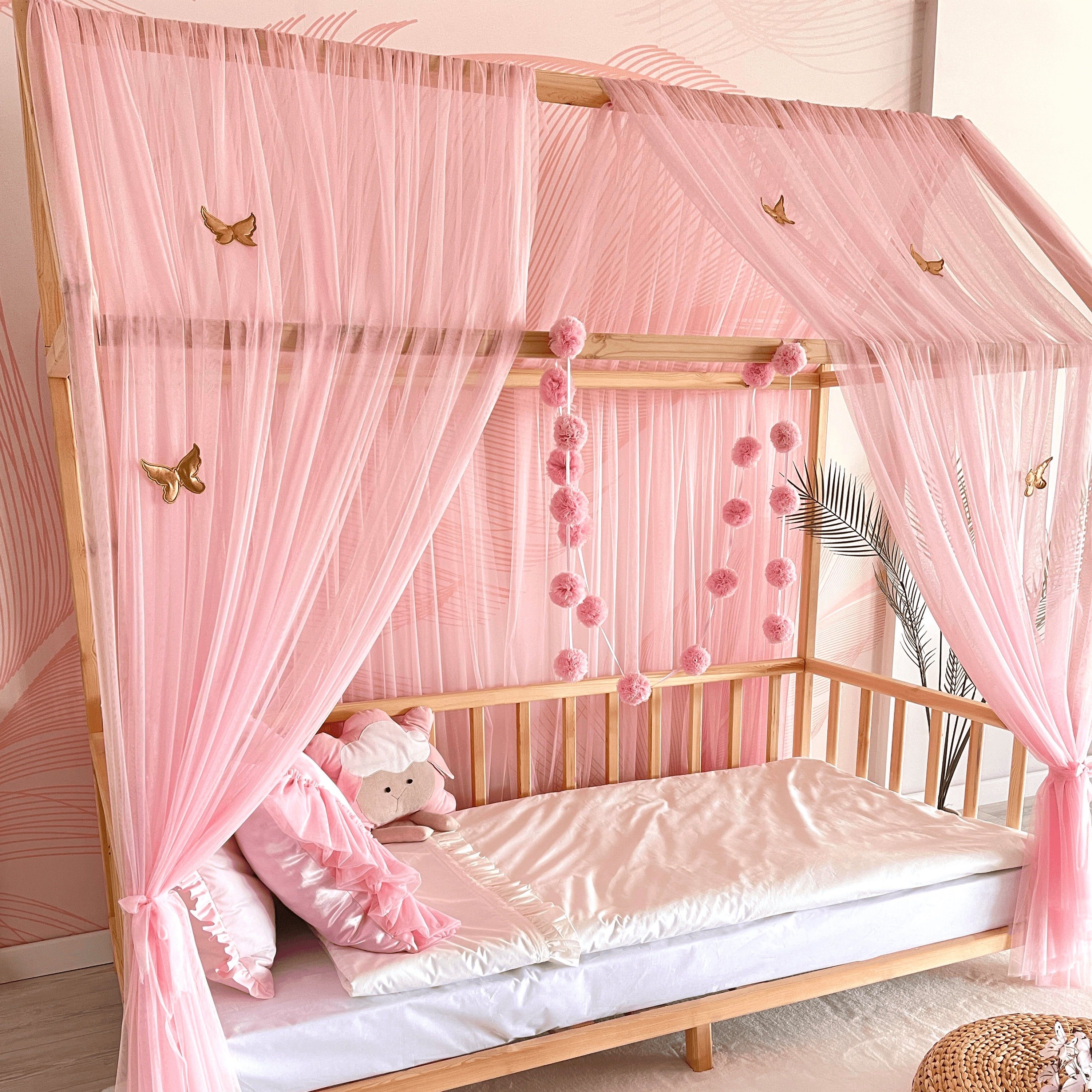 Baby Fancyroom Betthimmel Set), Hausbett Betthimmel Stück mit Stück Hausbett rosa Montessori Baldachin, Betthimmel Kinderbett Himmel 20er und Set 380cm 2 Deko Tüll 2 Kinder Montessori (3-tlg. Baldachin Betthimmel, einer Moskitonetz Pomponkette, 340cm Betthimmel für