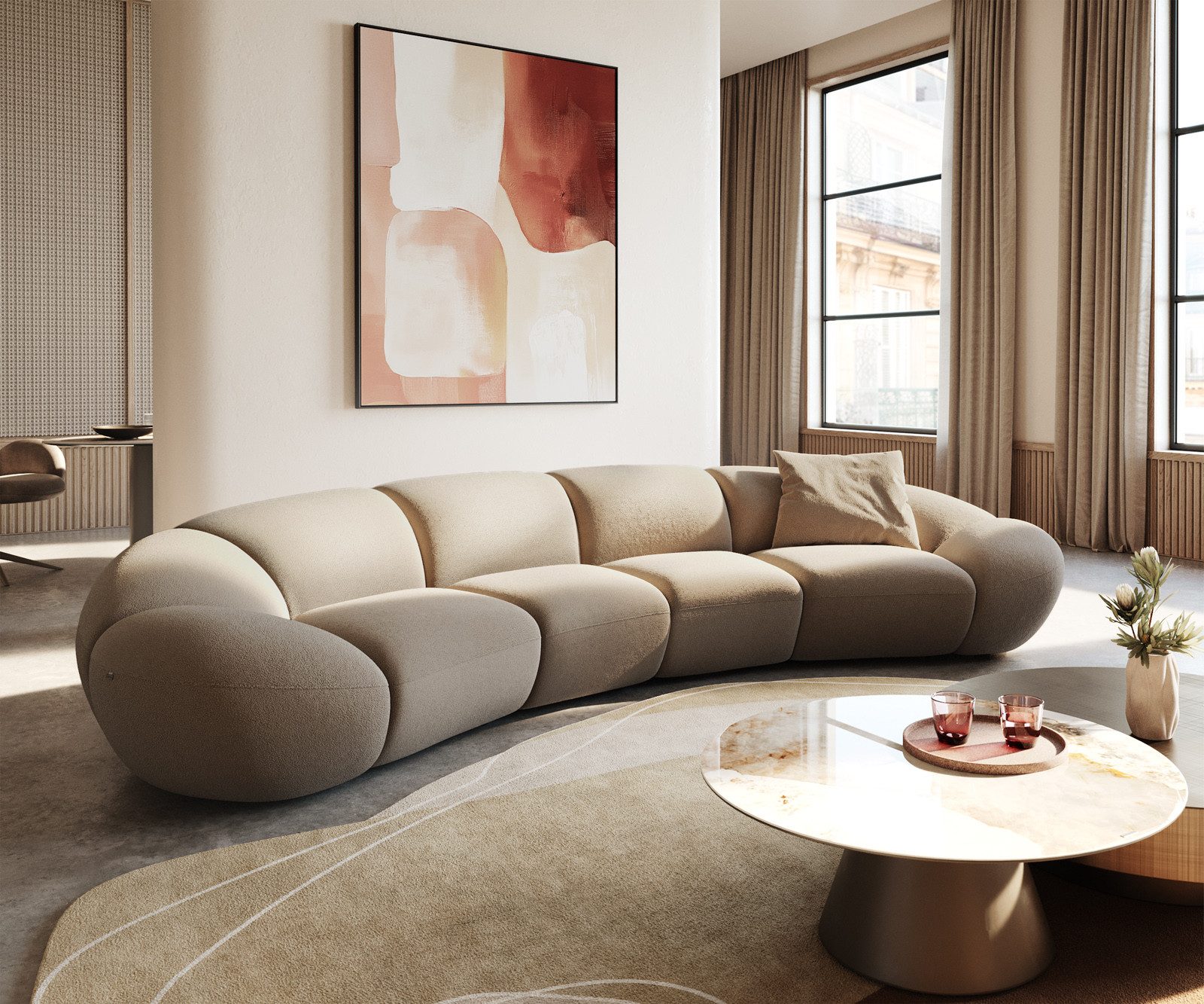 DELIFE Big-Sofa Lunna, Fein Bouclé Taupe 360x175 cm 2 Kissen