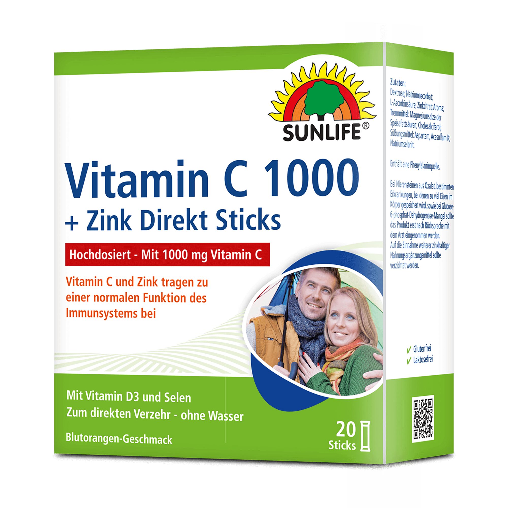 SUNLIFE SUNLIFE® Vitamin C 1000 mg hochdosiert 20 Direkt Sticks + Zink Selen Einmal täglich den Inhalt von einem Stick direkt auf die Zunge geben und langsam im Mund zergehen lassen