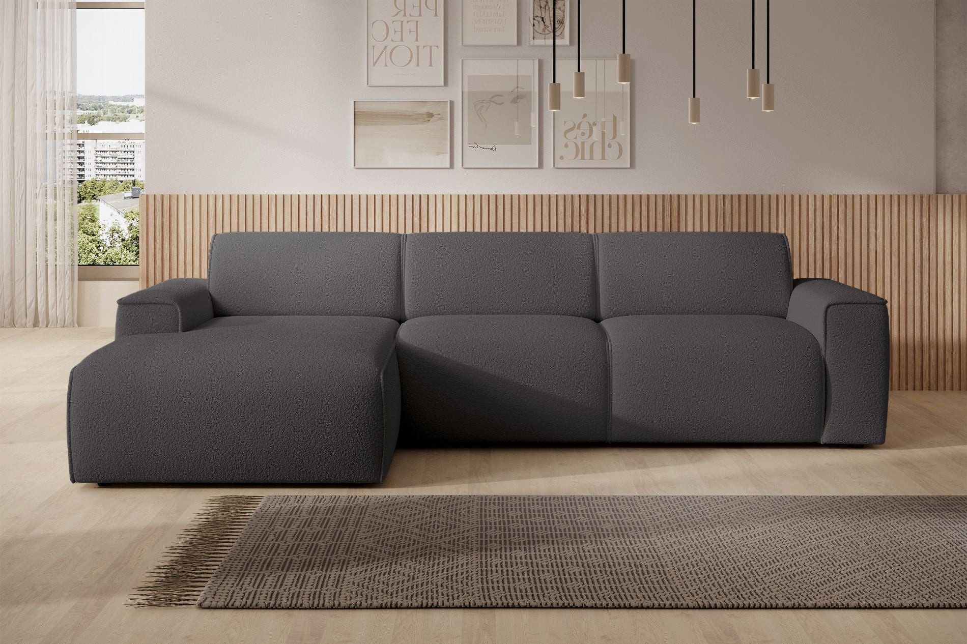 Selsey Ecksofa BOUVI, Eckcouch mit Ottomane rechts / links, Bouclé, 310 cm