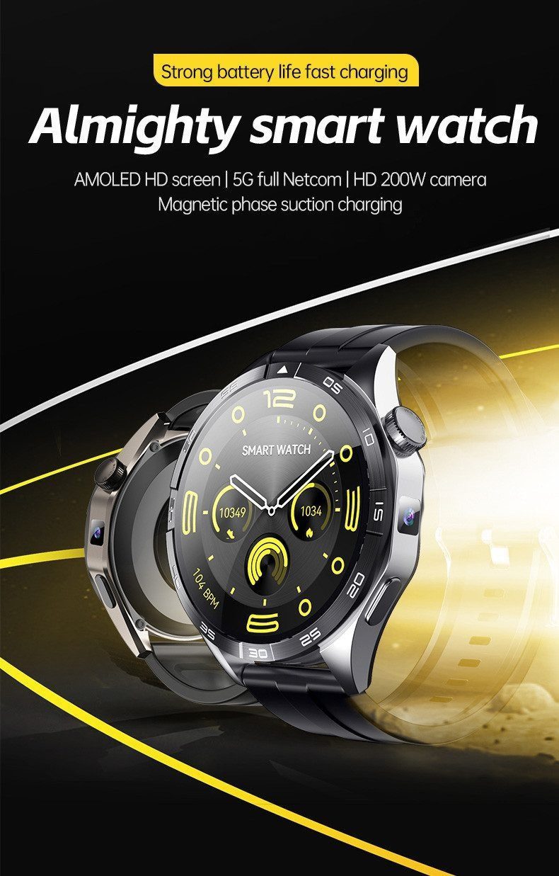 Zevelora Herren Fitness-Tracker IP68 Wasserdicht mit Herzfrequenz Robust Smartwatch (3,5 cm/1.4 Zoll, 4G LTE), 1-tlg., für Männer mit Blutsauerstoffsensor und AMOLED Display