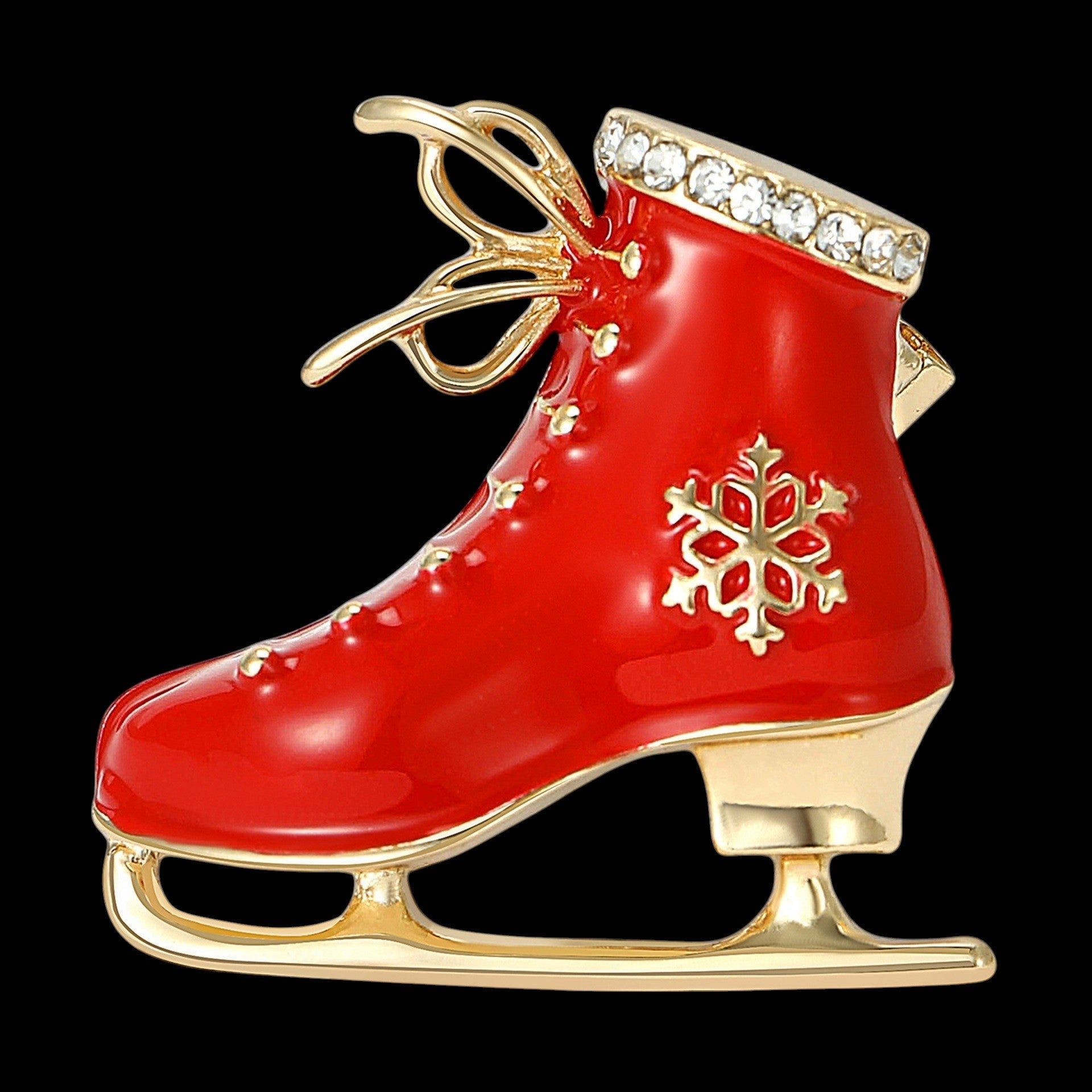 Dark-Desires Brosche Vintage Schlittschuhbrosche Rot-Gold mit Schneeflocke, Damen Brosche vintage Accesssoire retro Anstecknadel