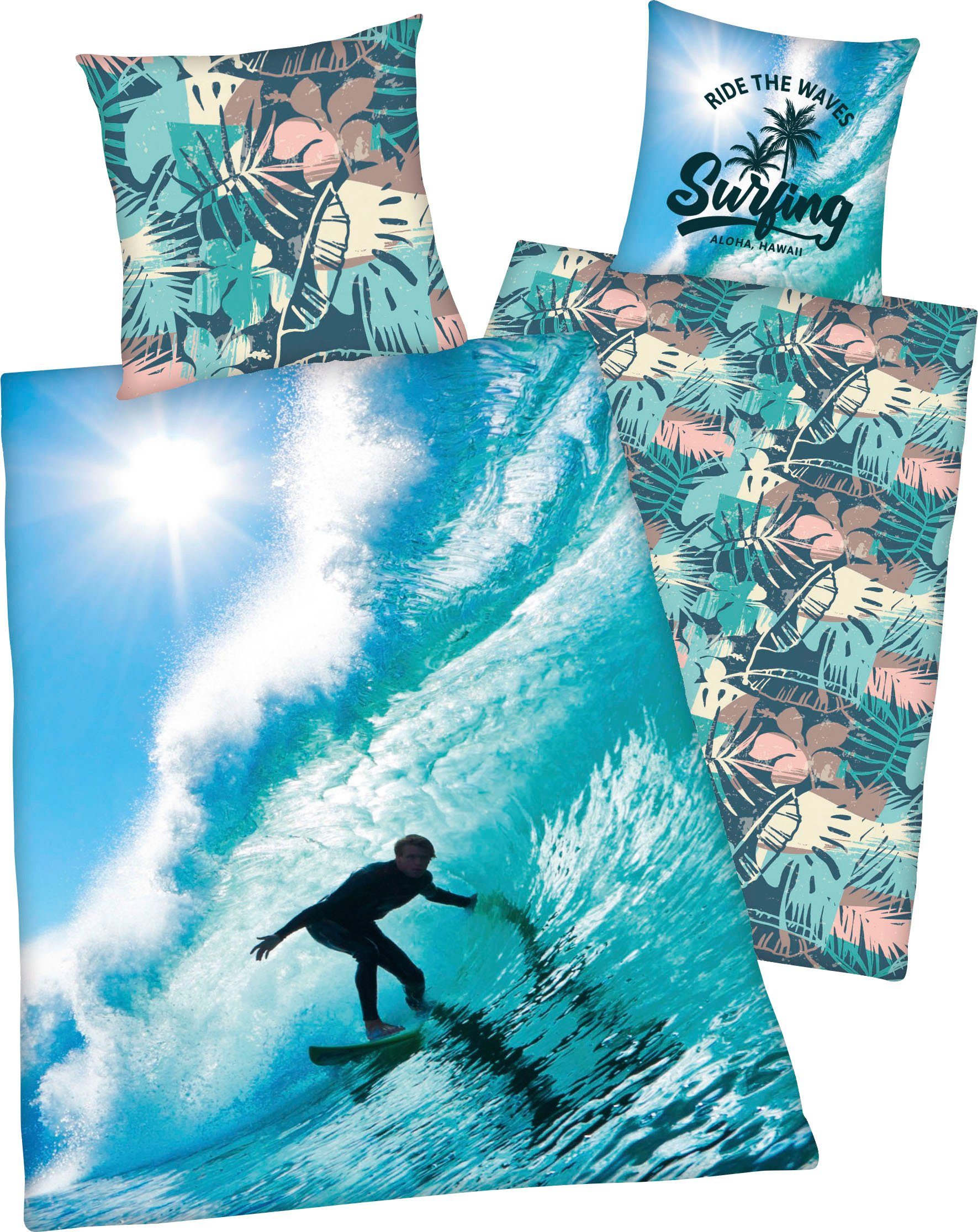 Wendebettwäsche Surfer, Herding Young Collection, Renforcé, mit tollem Surfer-Motiv