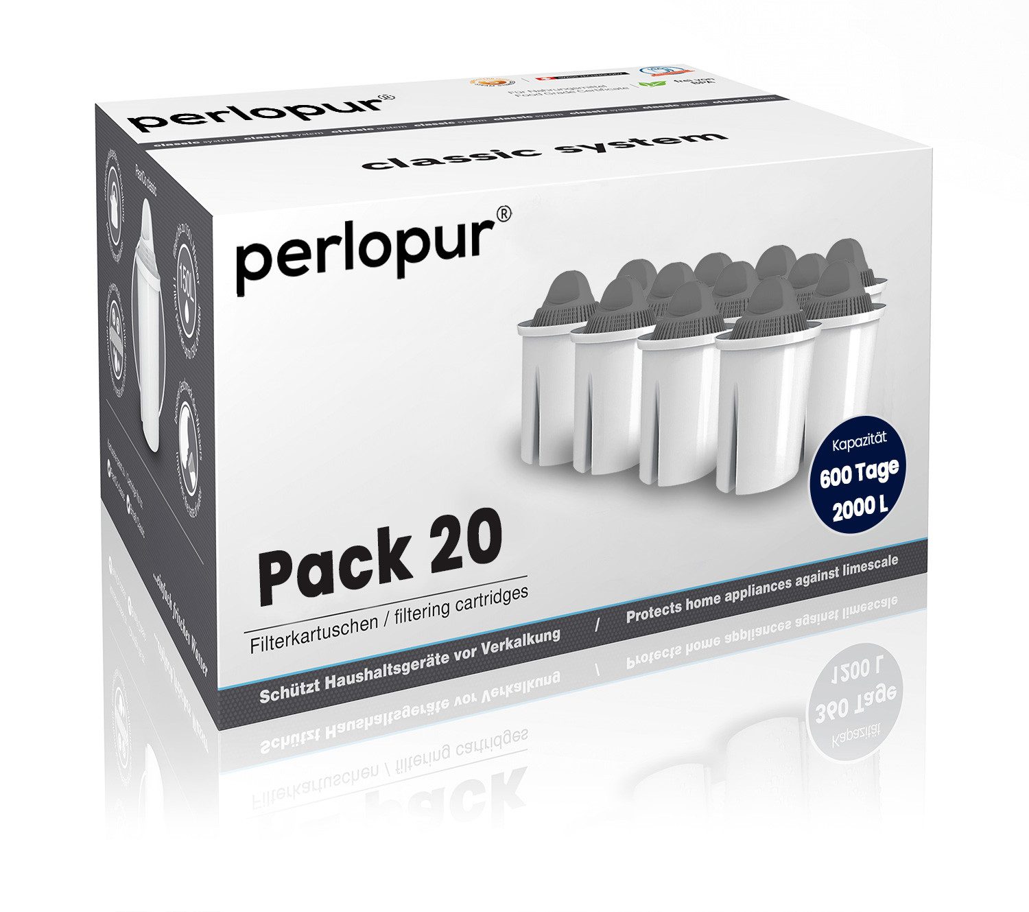 PerloPur Kalk- und Wasserfilter Filterkartuschen Classic Protect+ Pack 20 für extra hartes Wasser, Zubehör für Brita Classic u. PearlCo Classic