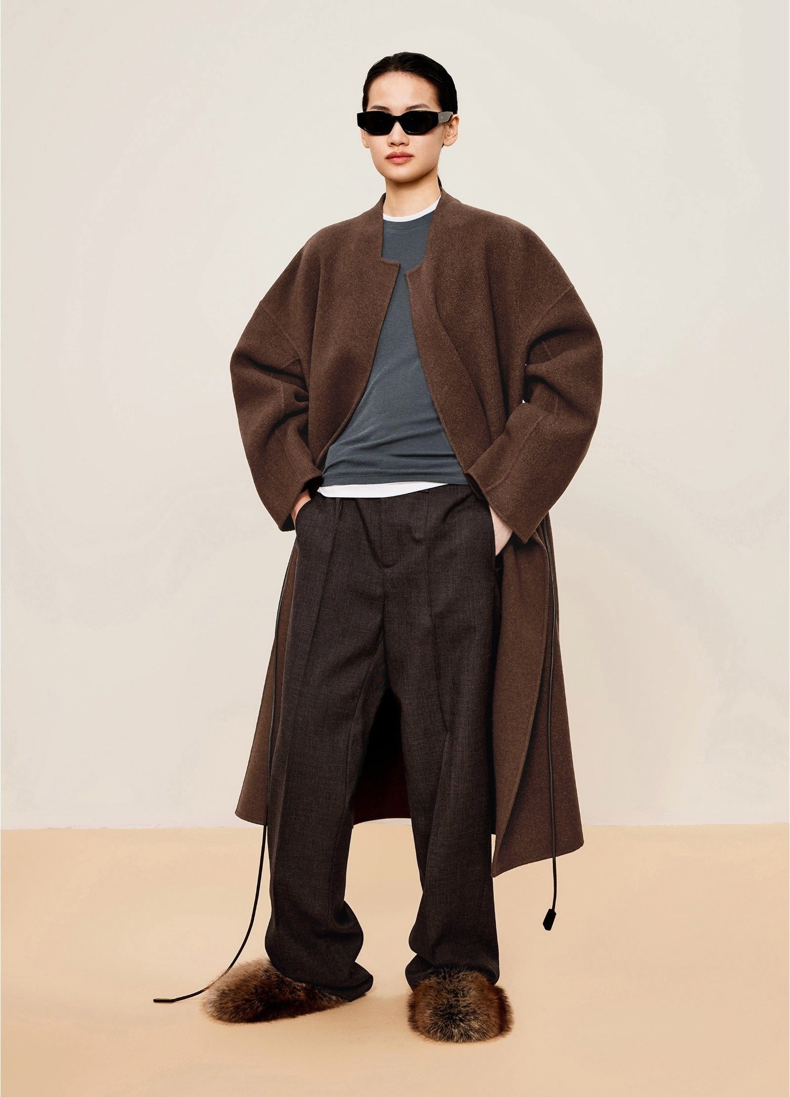LESS Stoffhose Damen lockere Anzug Wollhose mit Bügelfalte Braun