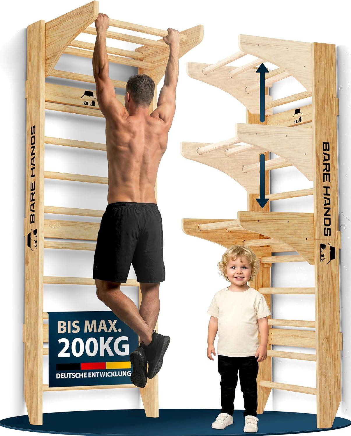 Bare Hands Sprossenwand 3in1 Sprossenwand bis 200kg für Erwachsene & Kinder, Bis 200 kg