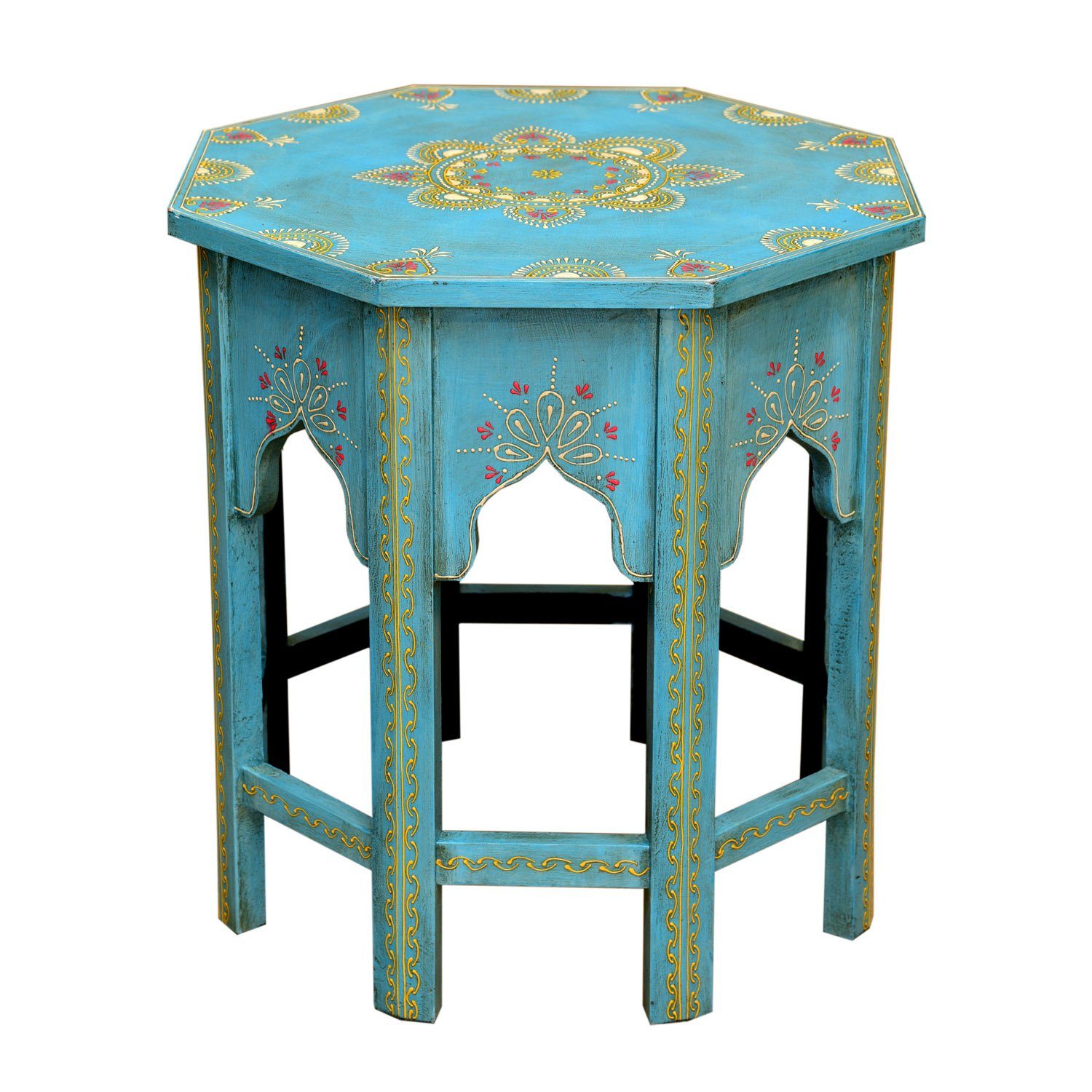 handbemalt Massivholz L traditionellen Casa Couchtisch handbemalt Mustern Kunstvoll Chic Saada Vintage Blau (Boho Tisch Sofatisch), mit Orientalischer handgefertigt Moro Beistelltisch