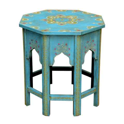 Casa Moro Beistelltisch Orientalischer Tisch Saada Blau L Massivholz handgefertigt handbemalt (Boho Chic Couchtisch Vintage Sofatisch), Kunstvoll mit traditionellen Mustern handbemalt
