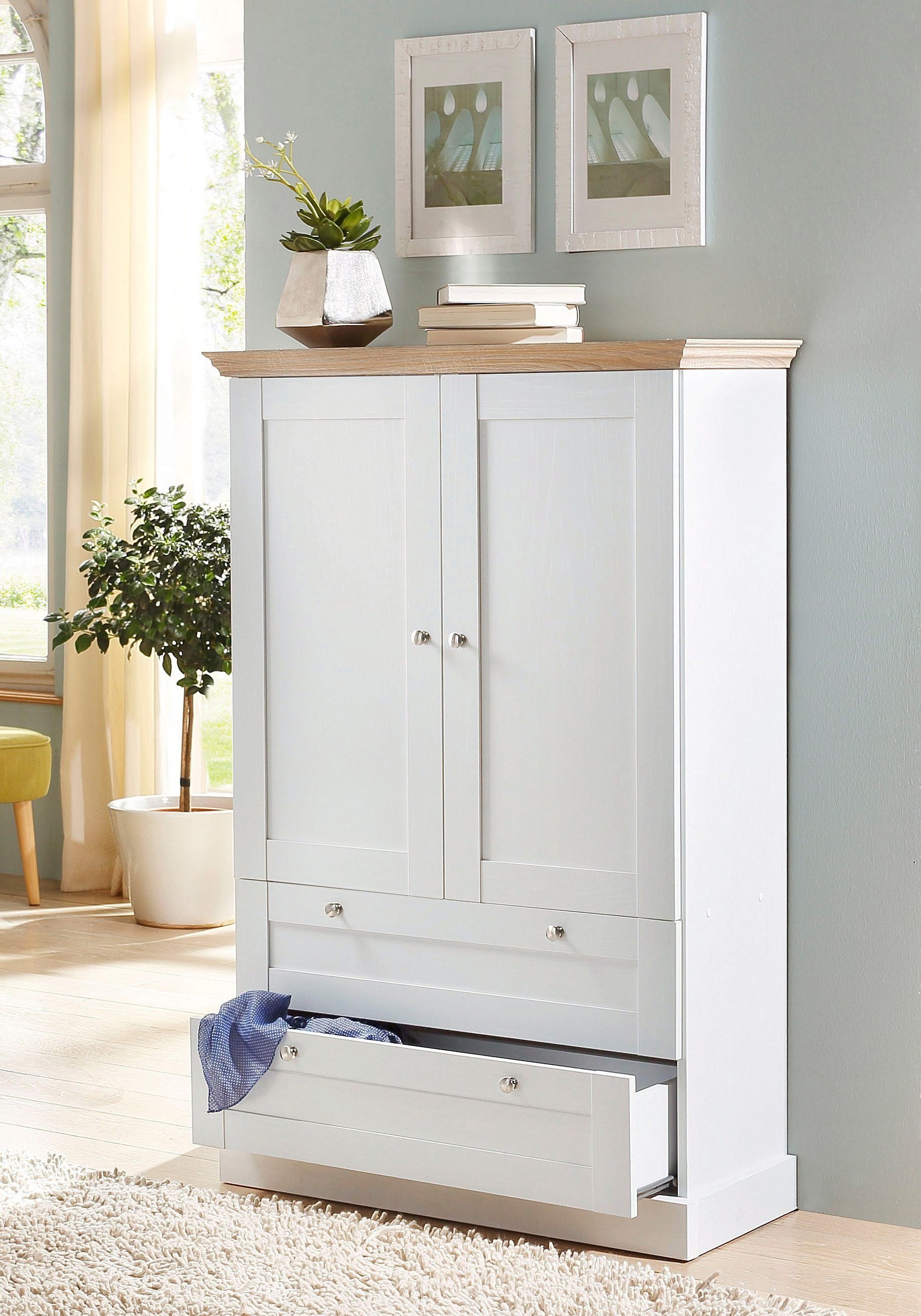 OTTO home Kleiderschrank Binz, Wäscheschrank, Mehrzweckschrank, skandinavischer Landhausstil (B/H/T ca. 84/130/35 cm) viele Stauraummöglichkeiten, Metallgriffe, Türen mit Rahmen/ Kassetten