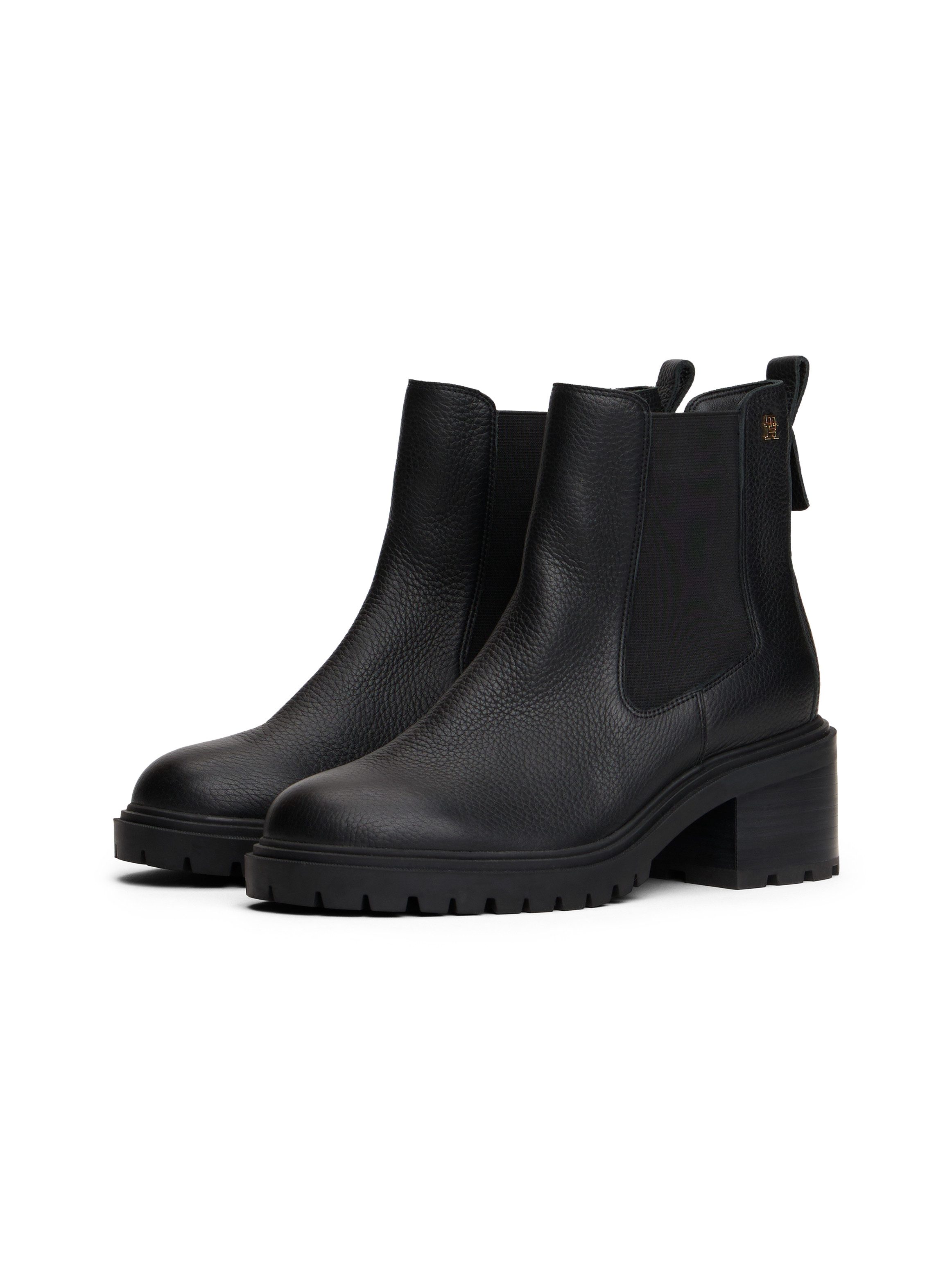 Tommy Hilfiger TH LEATHER CHELSEA CLEATED HEEL Chelseaboots, Blockabsatz, Stiefelette mit kleinem Logo-Emblem
