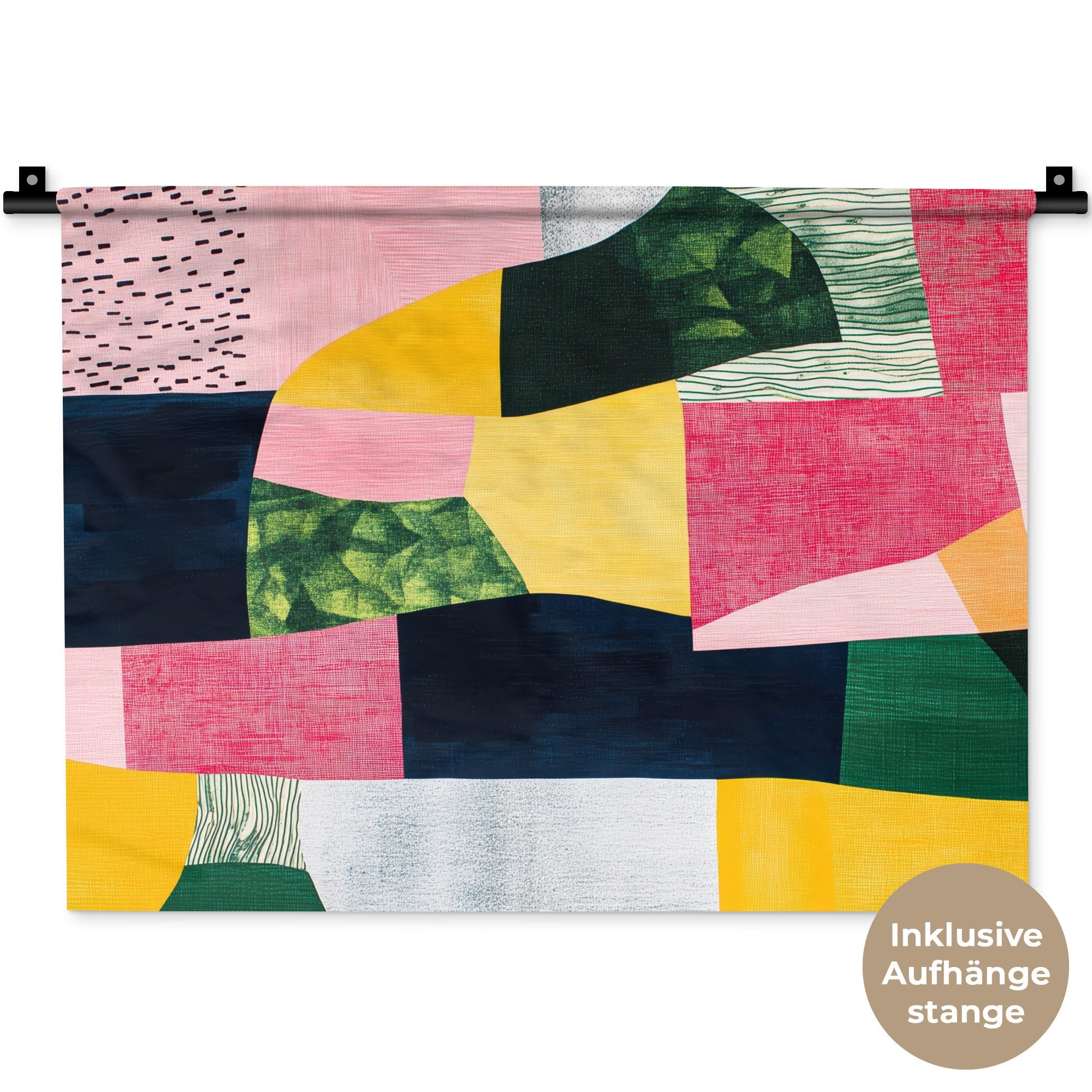 MuchoWow Wandteppich Abstrakt - Rosa - Formen - Gelb, Rechteckig, Höhe: 3 mm, Wanddeko Teppich Wohnzimmer, Schlafzimmer, 60x45 cm