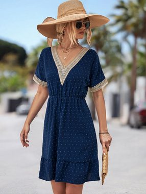 BlauWave Strandkleid Strandkleid kurze Ärmel Jacquard-Kleid mit V-Ausschnitt (1-tlg) Dekolleté und Ärmel mit Spitze