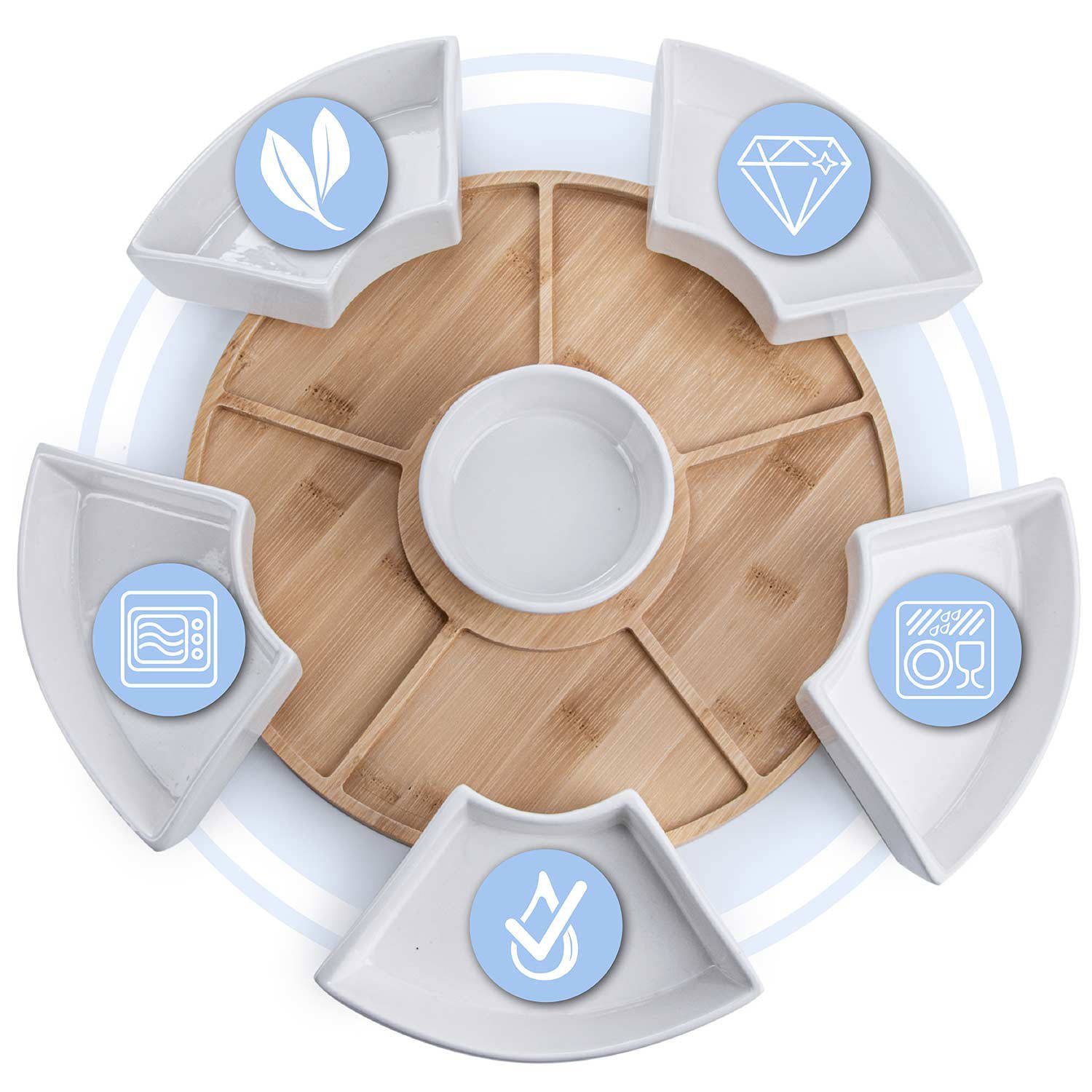 Dimono Servierplatte Bambus Servierplatte – Snacktablett mit 6 Schälchen für Tapas & Party, Porzellan, (Servierbrett, mit 6 Schalen)